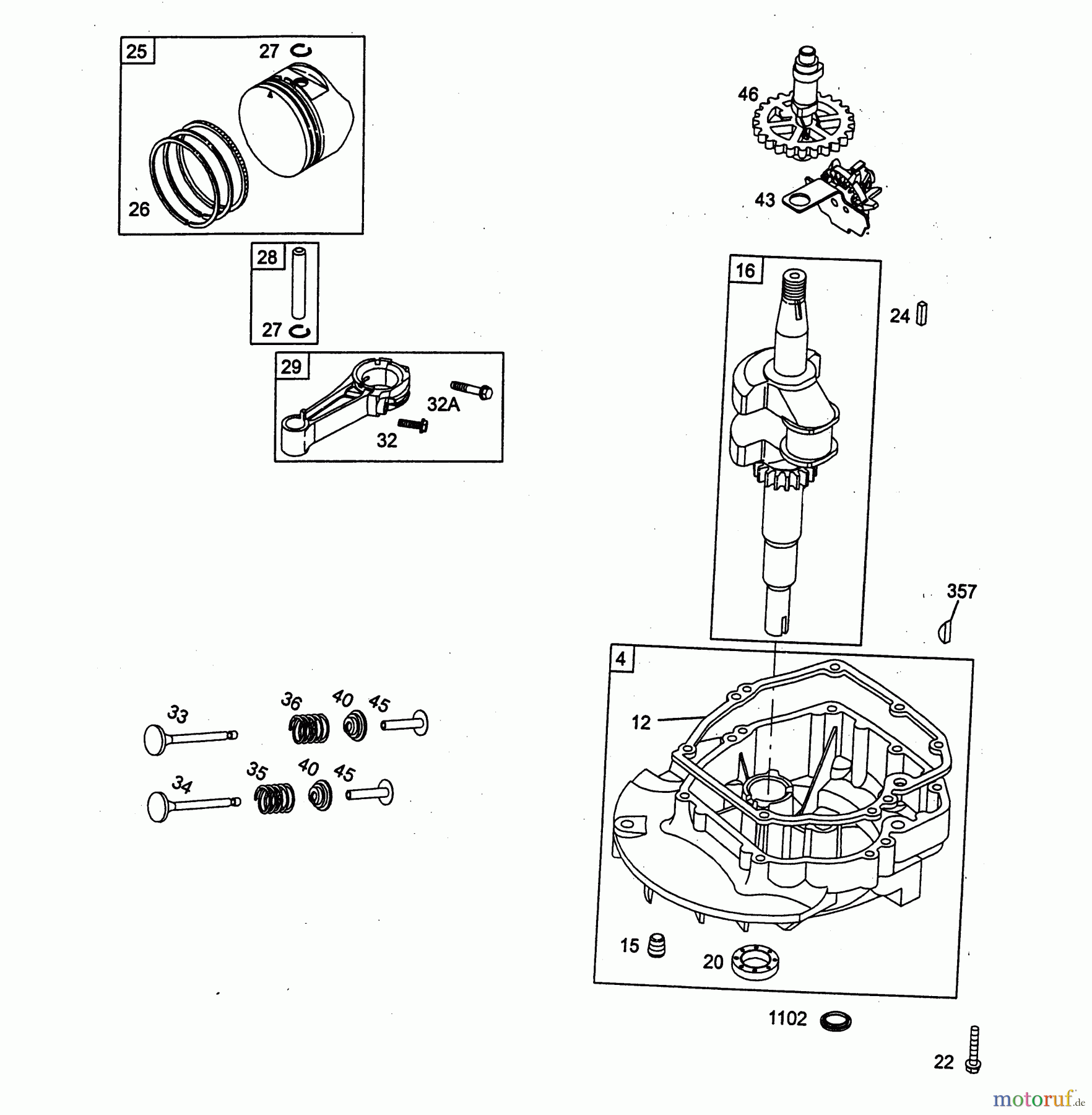  Wolf-Garten Petrol engines Briggs&Stratton Quantum 45 XM 2075000-45  (2003) Piston, Crankshaft, Sump bases, Connecting rod, Governor