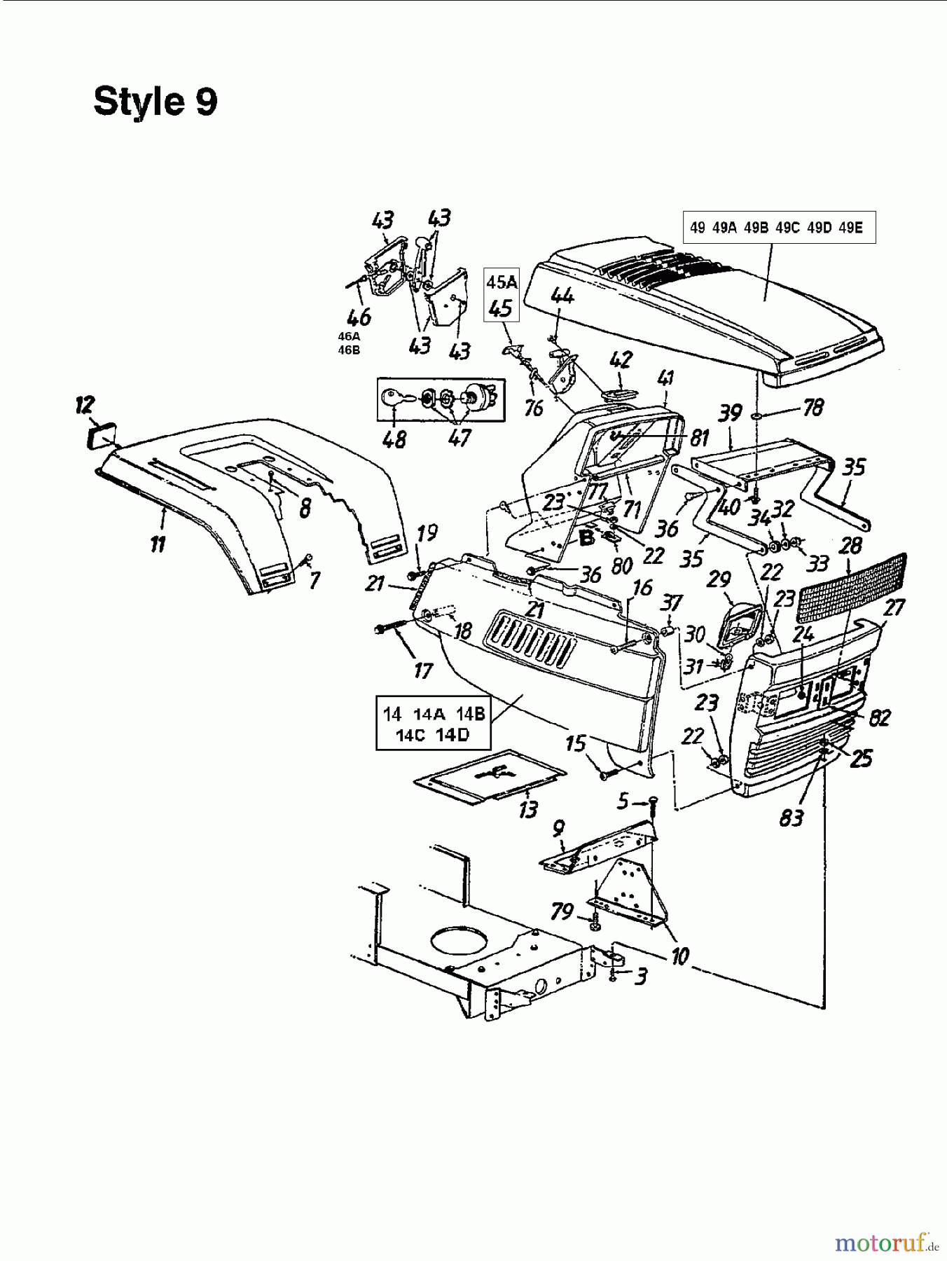  Agria Lawn tractors 4600/96 134K679F609  (1994) Dashboard, Engine hood 9-Style, Fender