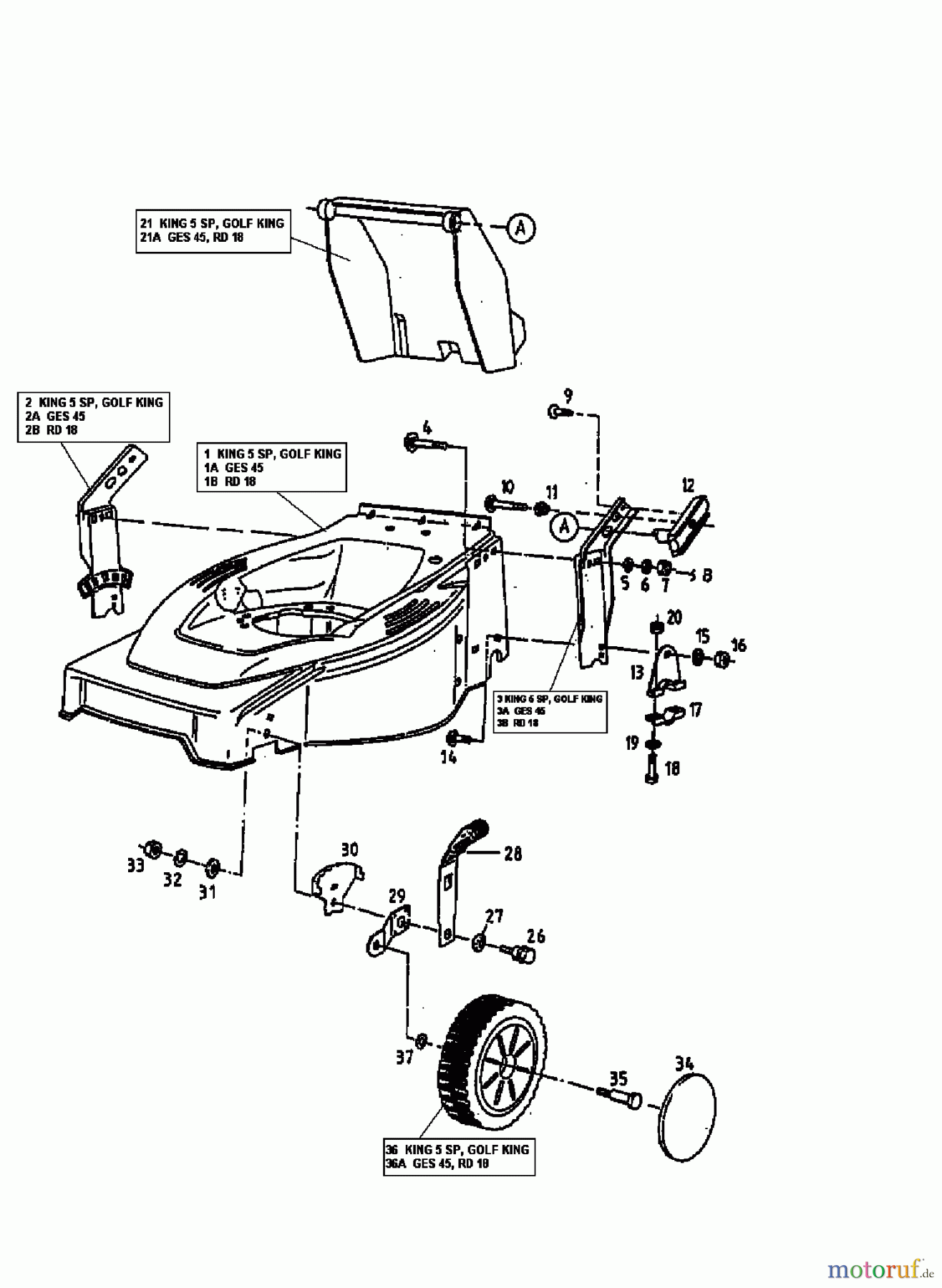  Golf Petrol mower self propelled KING 12A-T15Z648  (1999) Front wheels, Cutting hight adjustment