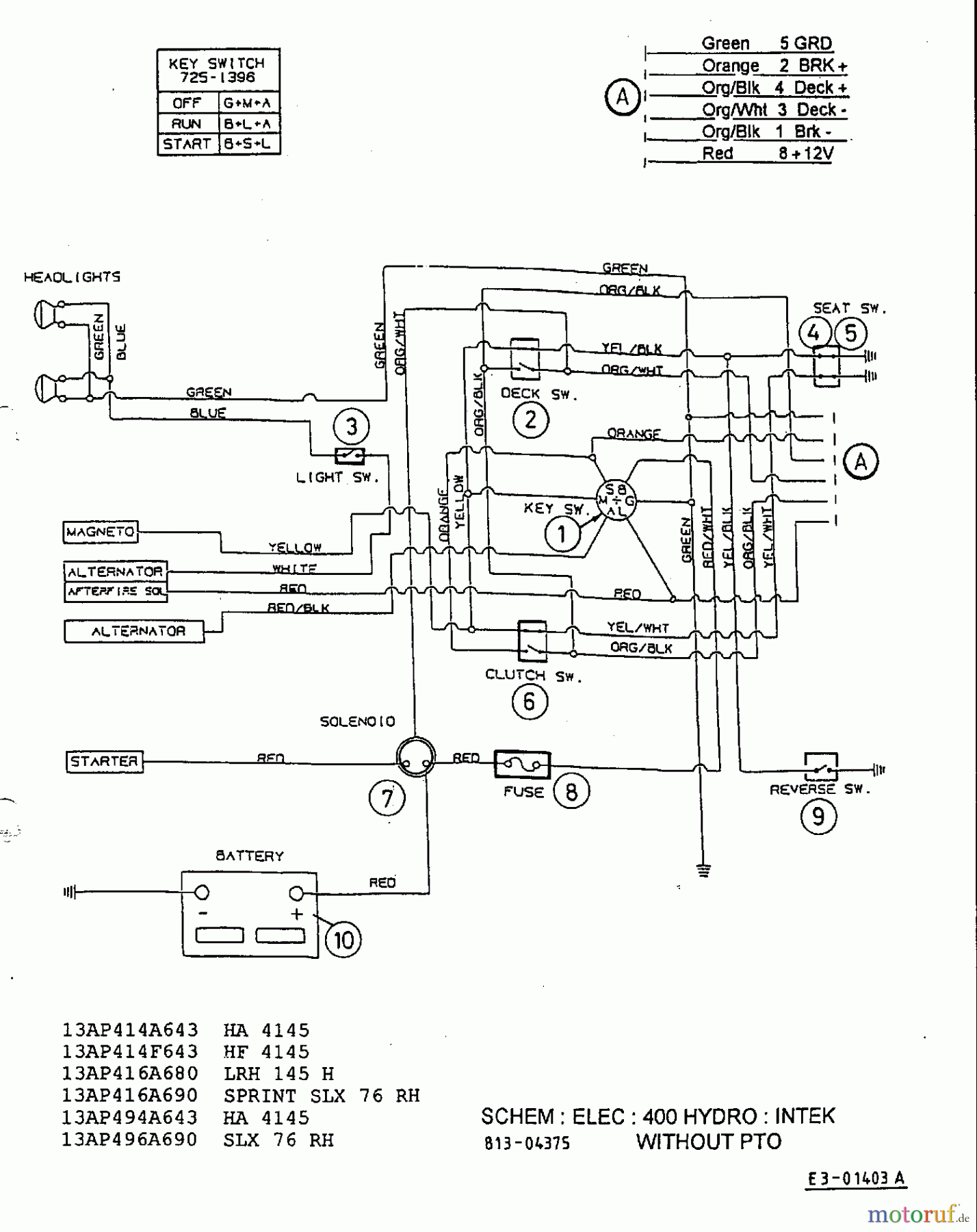  White Lawn tractors LRH 160 E 13AD493E679  (1999) Wiring diagram Intek without electric clutch