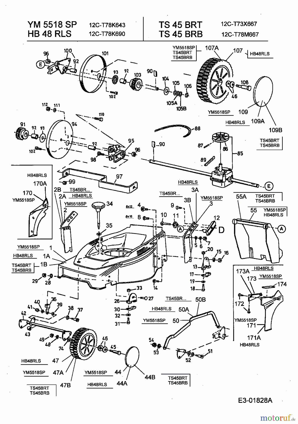  Yard-Man Petrol mower self propelled YM 5518 SP 12C-T78K643  (2003) Gearbox, Wheels, Cutting hight adjustment