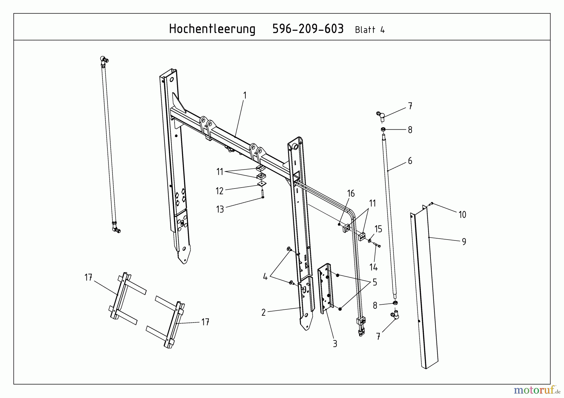  MTD Accessories Accessories compact tractors Grass catcher incl. emptying for CC 2000/3000 RD series, 400 l box with high lift bag (not CC 2250 RD) 596-209-603  (2009) Lifting mecanism catcher