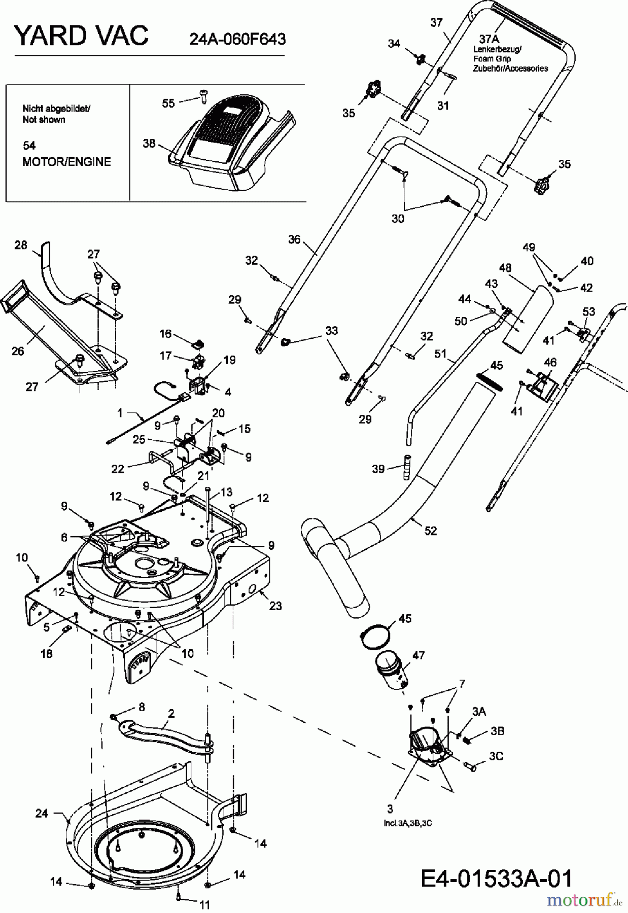  Yard-Man Leaf blower, Blower vac YARD VAC 24A-060F643  (2006) Housing, Handle, Vacuum hose, Engine