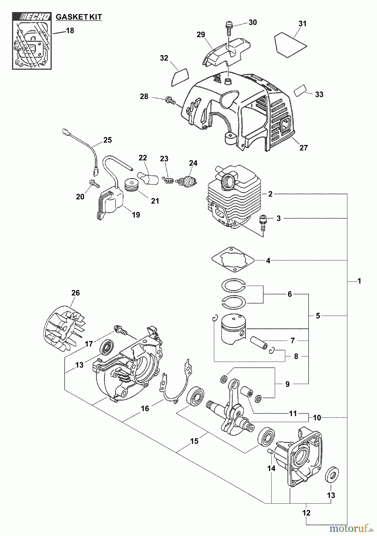  Echo Hochentaster PPF-211 - Echo Pole Saw / Pruner, S/N: 02001001 - 02999999 Engine, Short Block, Ignition, Cylinder Cover