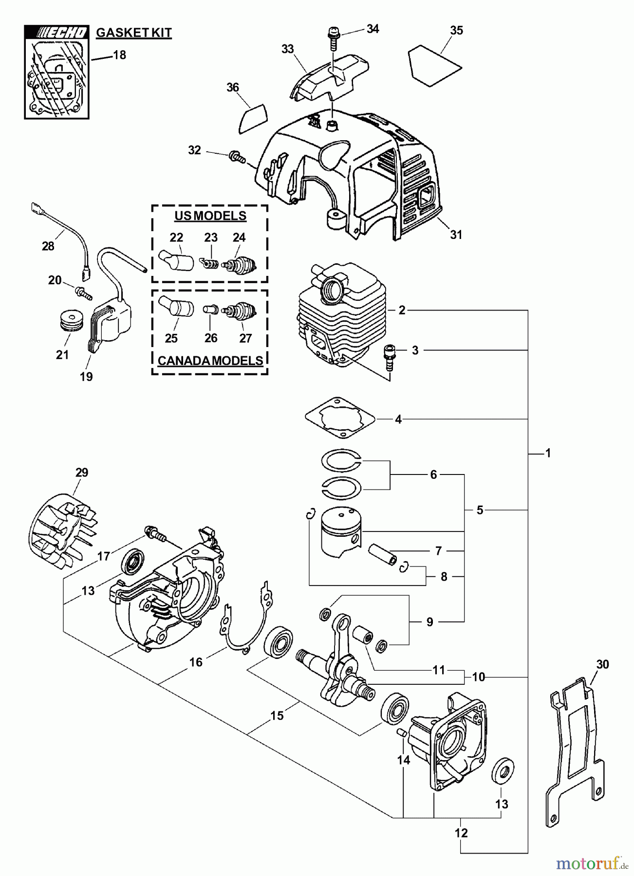  Echo Hochentaster PPT-2100 - Echo Pole Saw / Pruner (Type 1E) Engine, Short Block, Ignition, Cylinder Cover