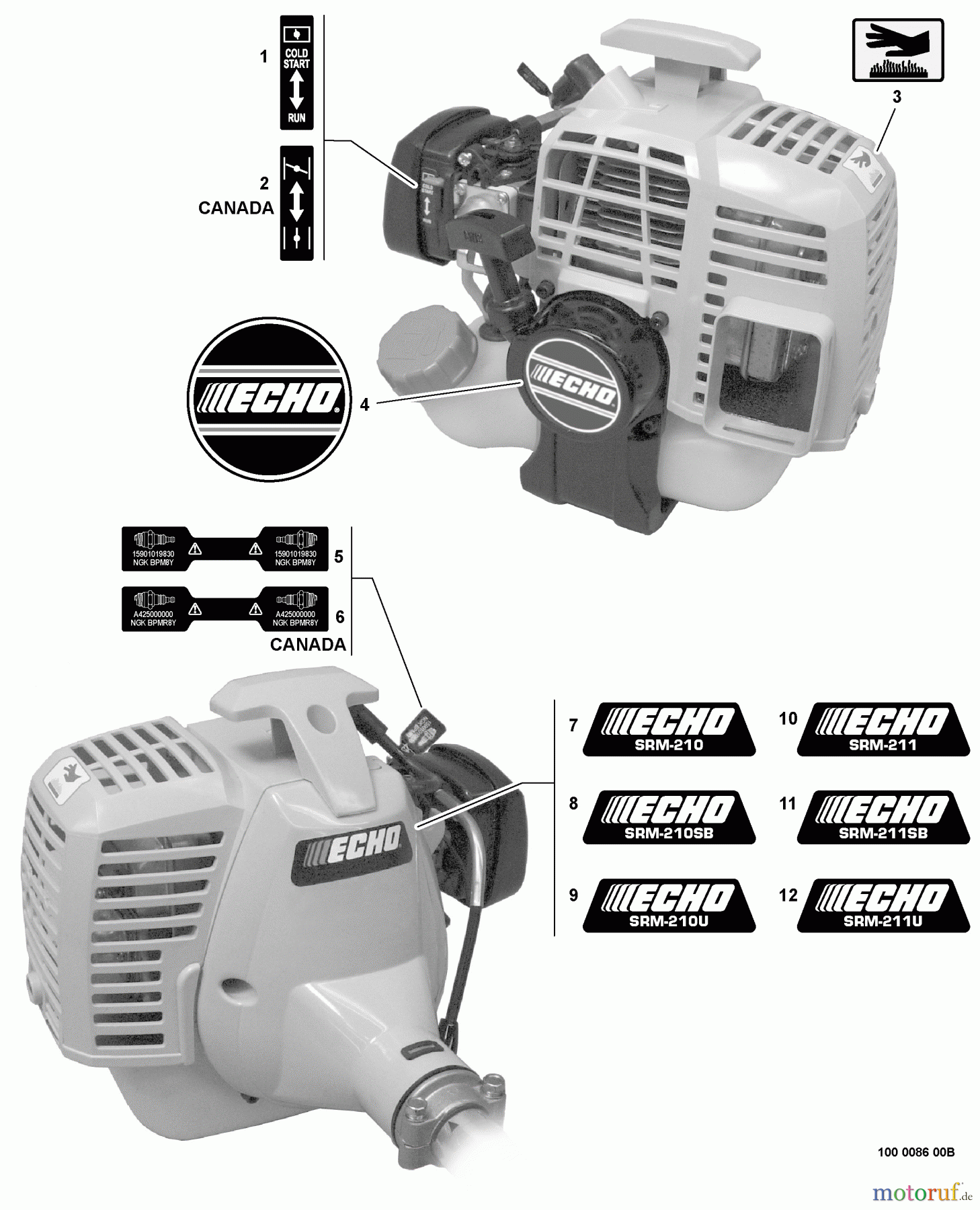  Echo Trimmer, Faden / Bürste SRM-210 - Echo String Trimmer, S/N:05001001 - 05999999 Labels  S/N: 05001001 - 05291880