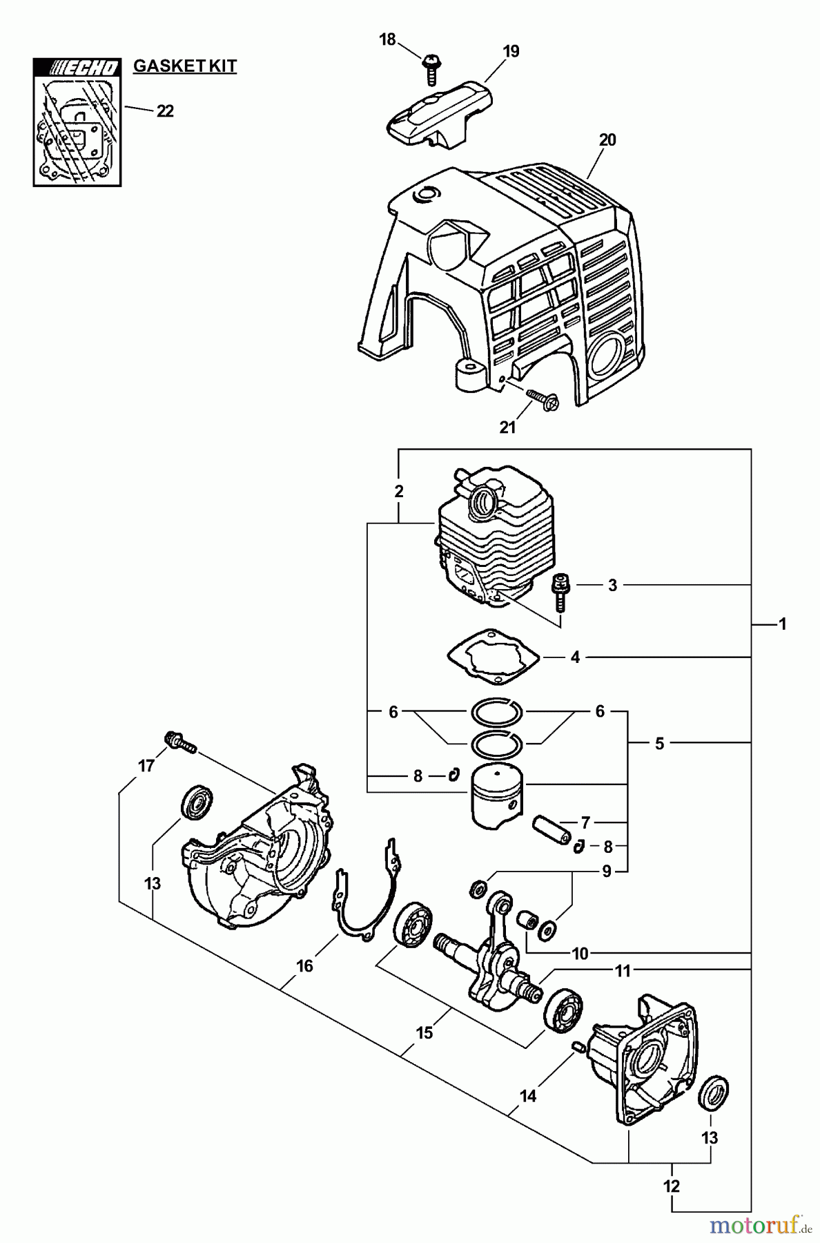 Echo Trimmer, Faden / Bürste SRM-2410 - Echo String Trimmer (Type 1E) Engine, Crankcase, Cylinder Cover