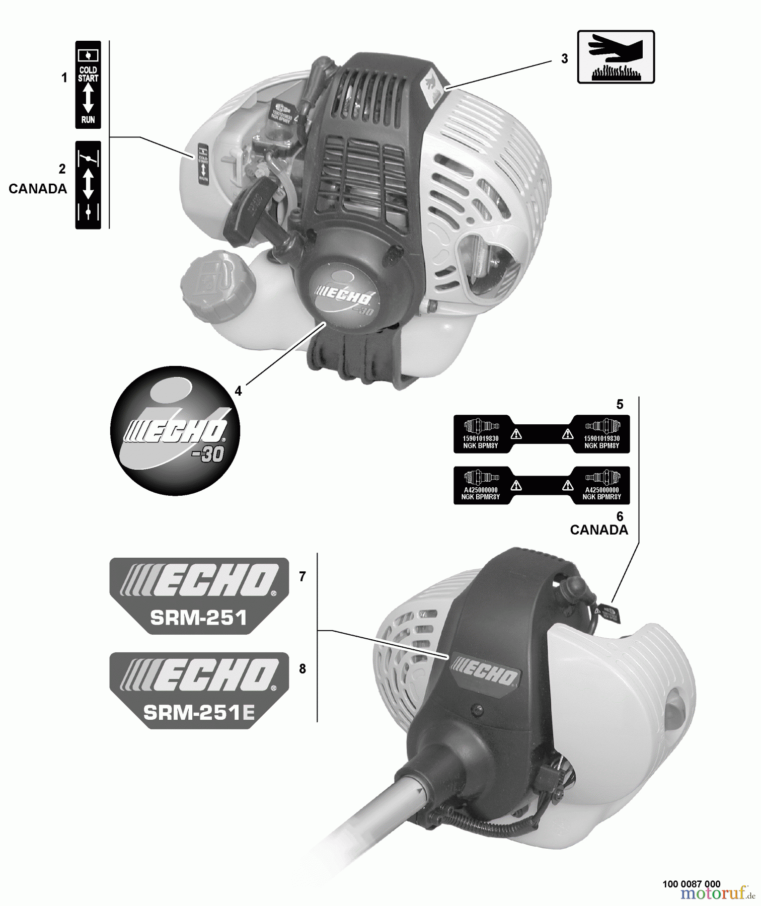Echo Trimmer, Faden / Bürste SRM-251 - Echo String Trimmer, S/N:09001001 - 09999999 Labels