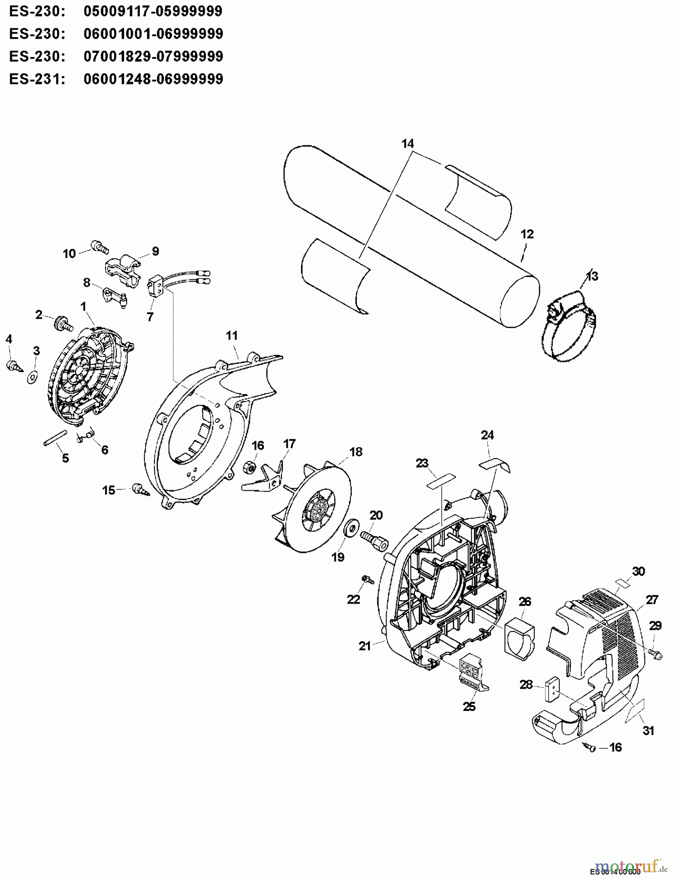  Echo Bläser / Sauger / Häcksler / Mulchgeräte	 ES-230 - Echo Shredder/Vacuum, S/N: 07001001 - 07999999 Fan Case, Suction Tube Without Sleeve  S/N: 07001829 - 07999999