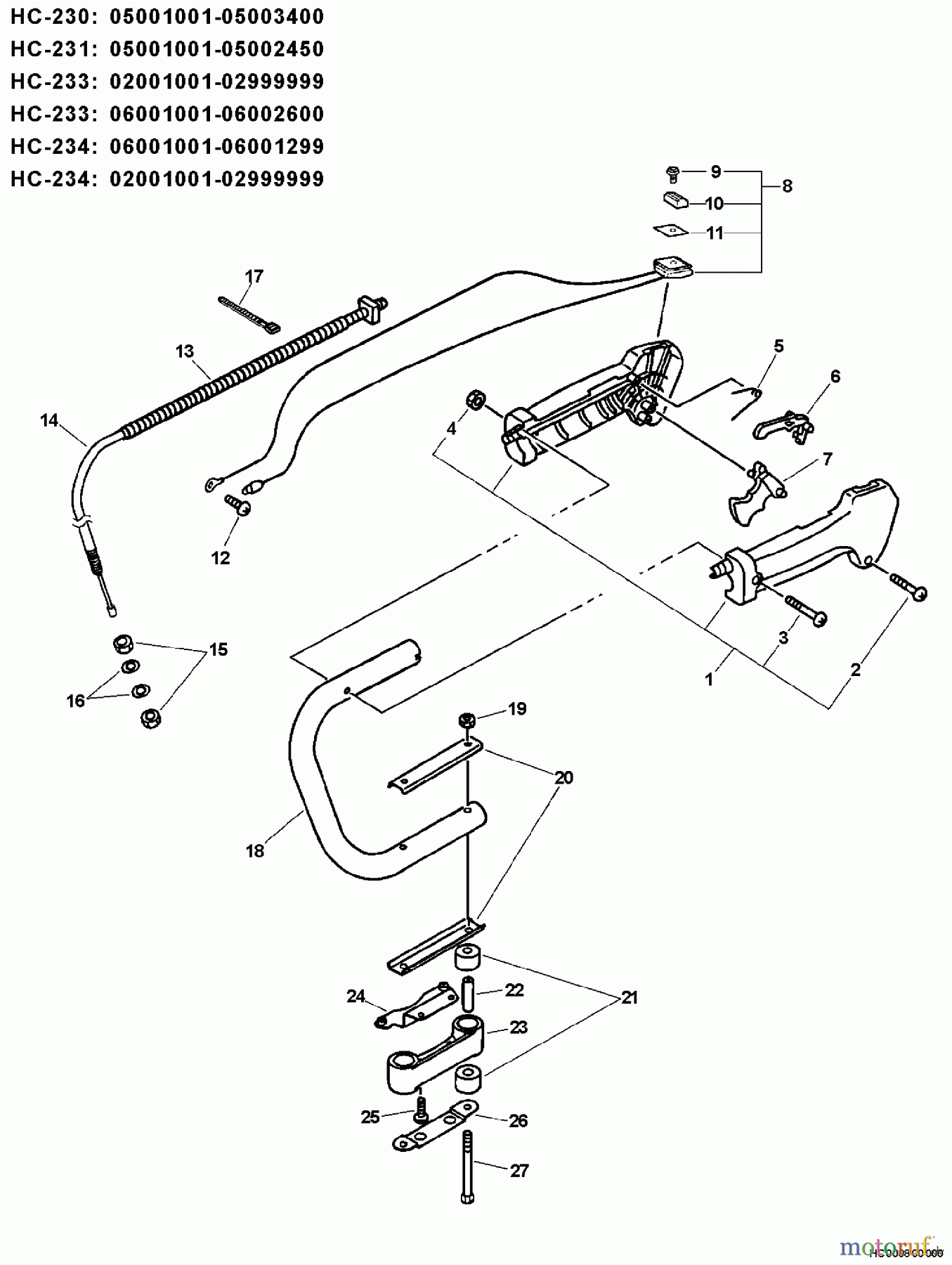  Echo Heckenscheren HC-233 - Echo Hedge Trimmer, S/N: 06001001 - 06999999 Handle, Ignition Switch, Throttle Cable  S/N: 06001001 - 06002600