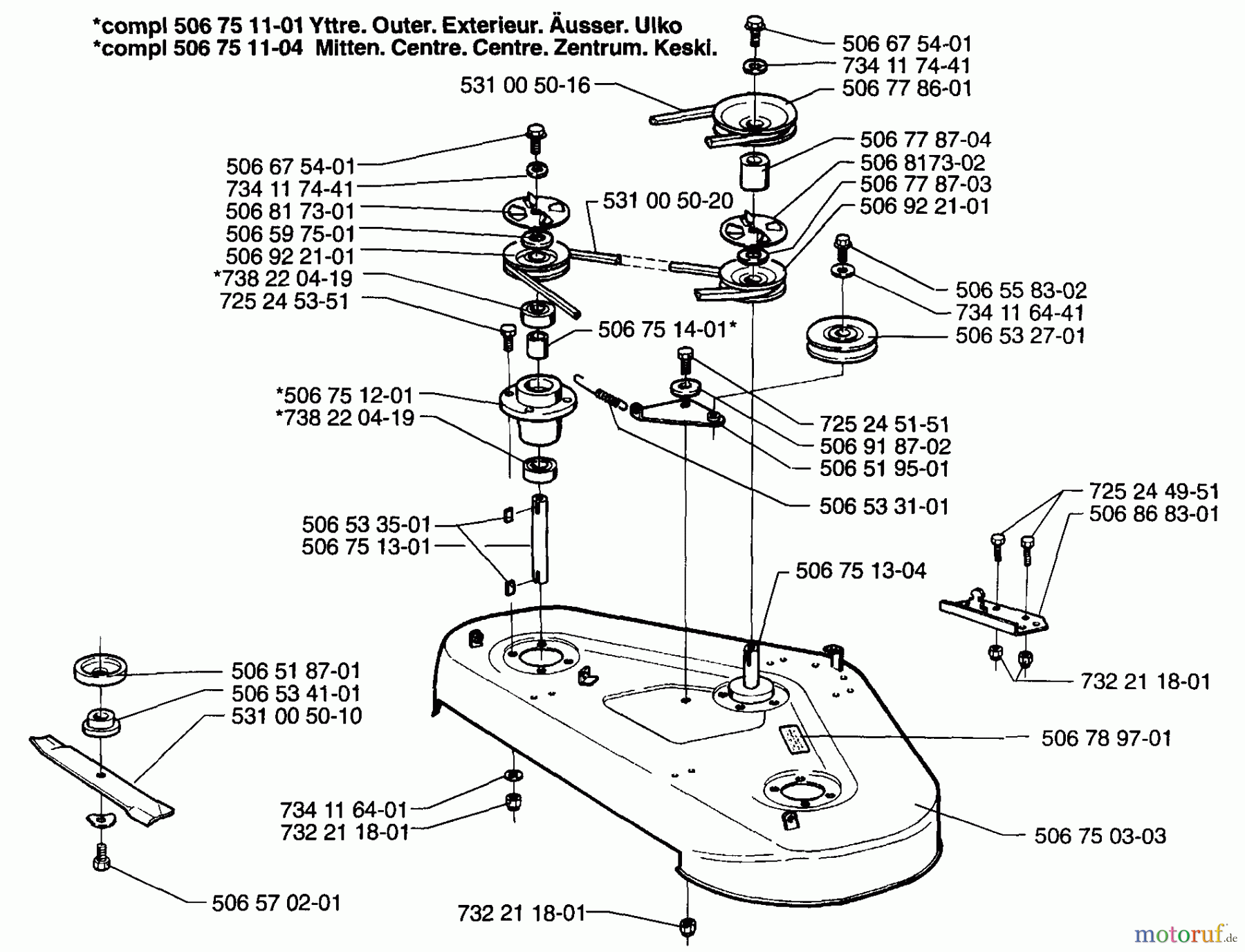 Husqvarna Reitermäher, Motor hinten Rider 1200 - Husqvarna Rear-Engine Rider (1996-08 to 1997-12) Cutter Deck Assembly (R1000)