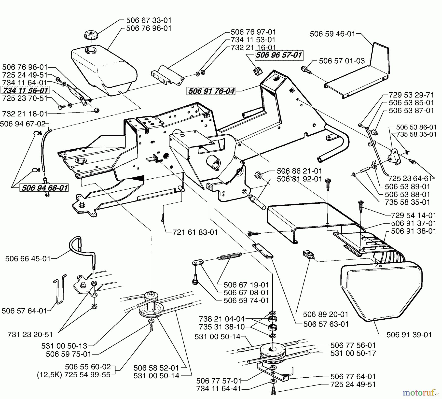 Husqvarna Reitermäher, Motor hinten Rider 970 - Husqvarna Swedish Rider (1998-01 & After) Frame & Pulley Assembly
