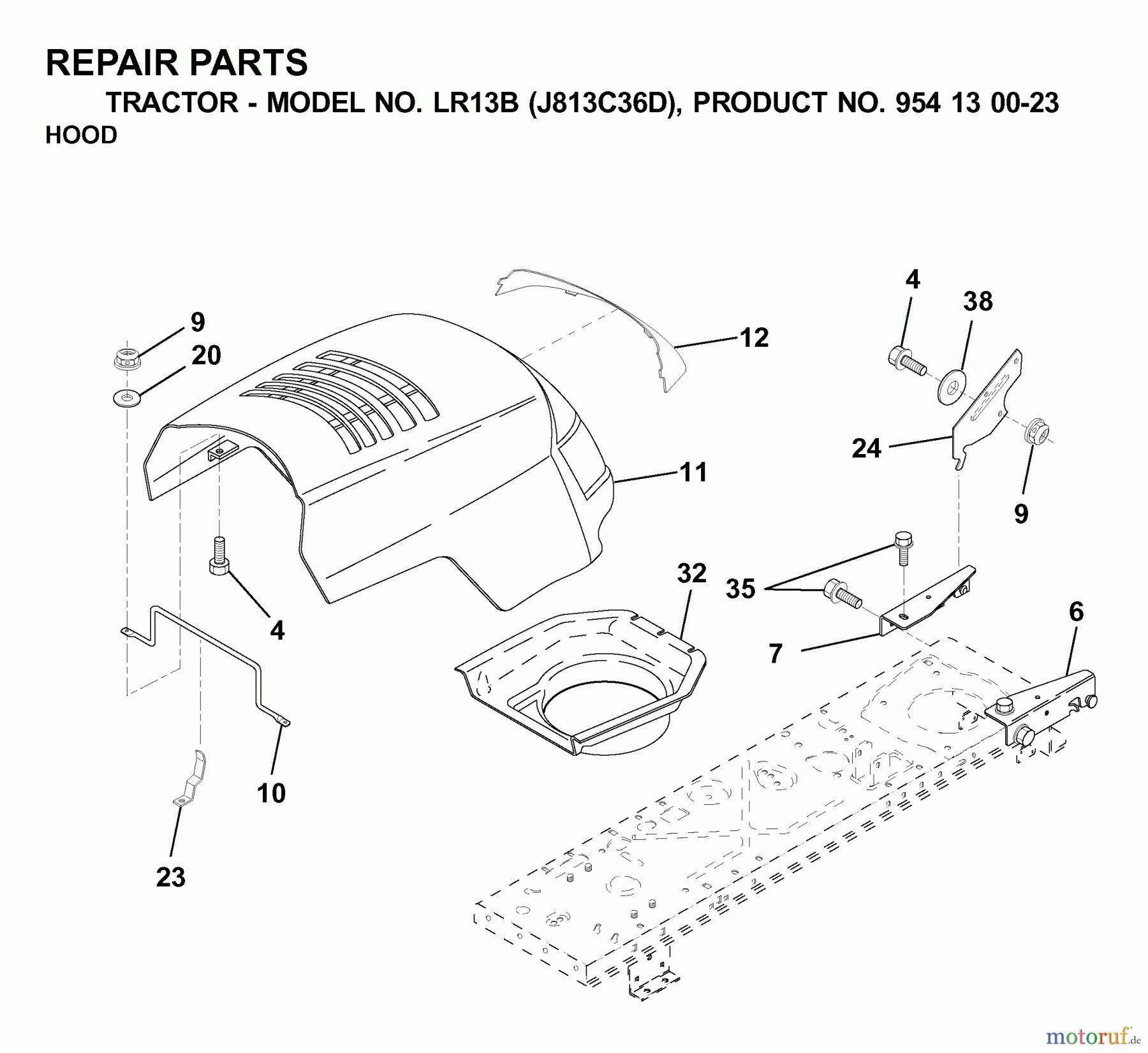  Jonsered Rasen  und Garten Traktoren LR13B (J813C36D, 954130023) - Jonsered Lawn & Garden Tractor (2000-04) HOOD