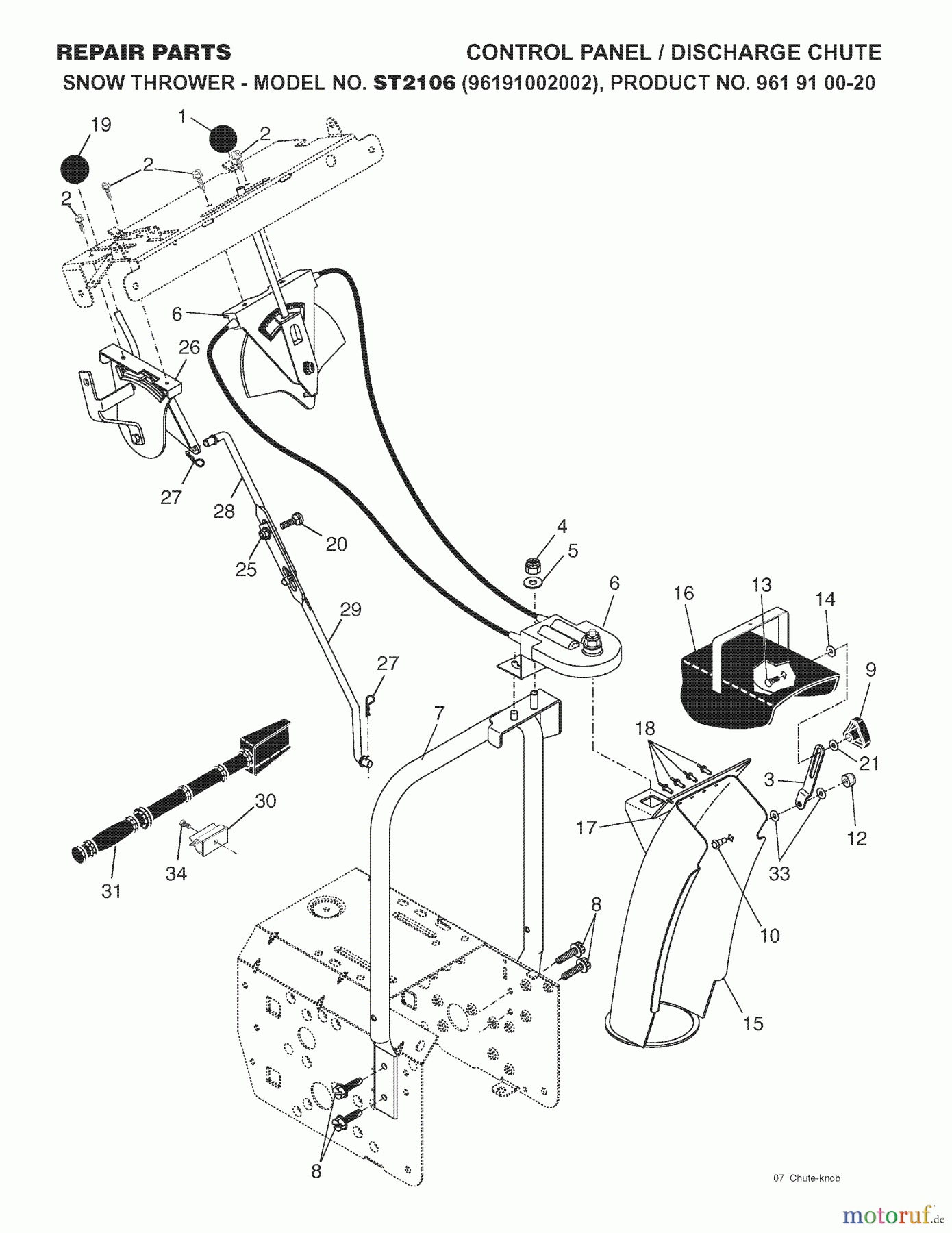  Jonsered Schneefräsen ST 2106 (96191002002) - Jonsered Snow Thrower (2007-10) CONTROL PANEL DISCHARGE CHUTE