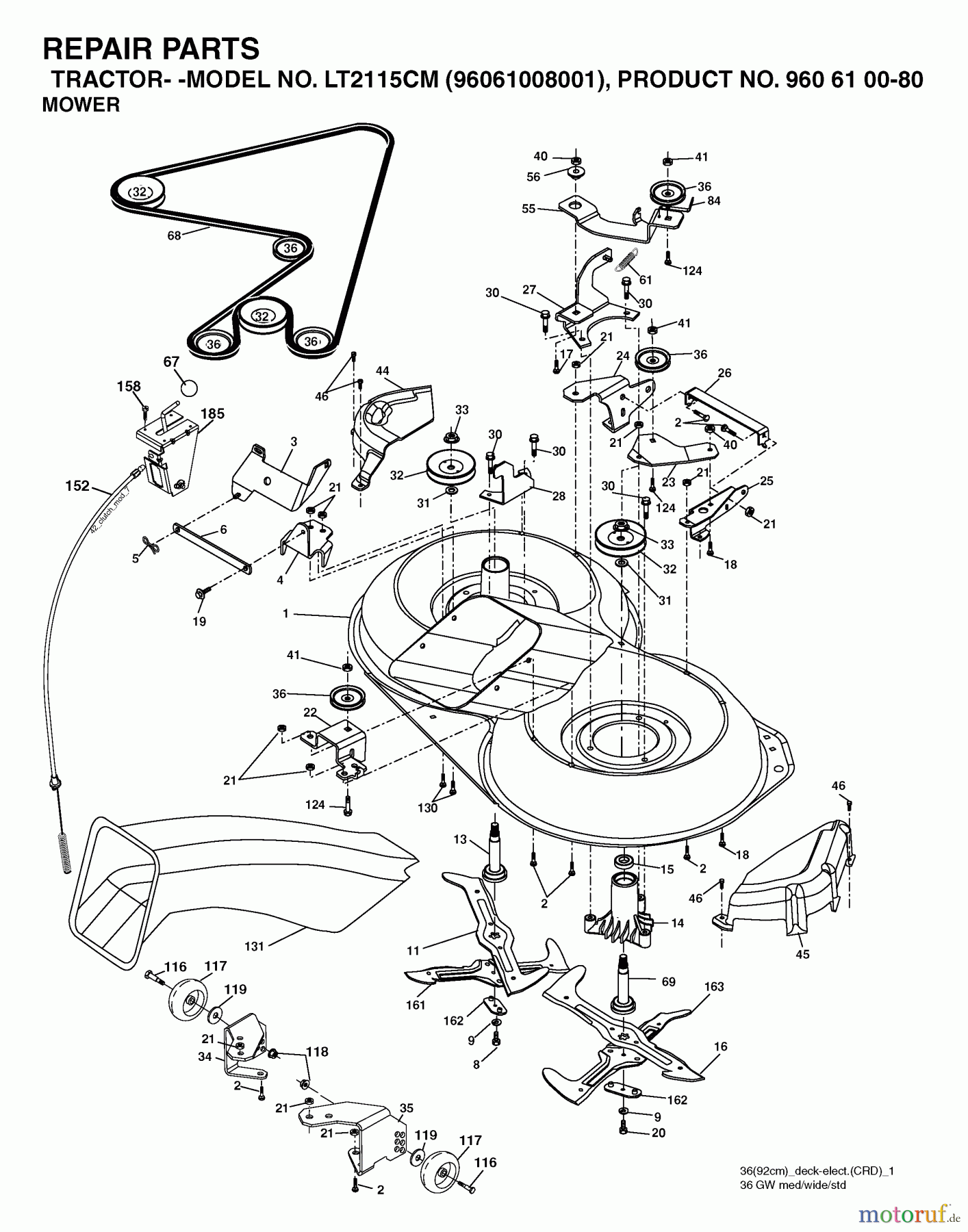 Jonsered Rasen und Garten Traktoren LT2115 CM (96061008001) - Jonsered Lawn & Garden Tractor (2006-04) MOWER DECK / CUTTING DECK