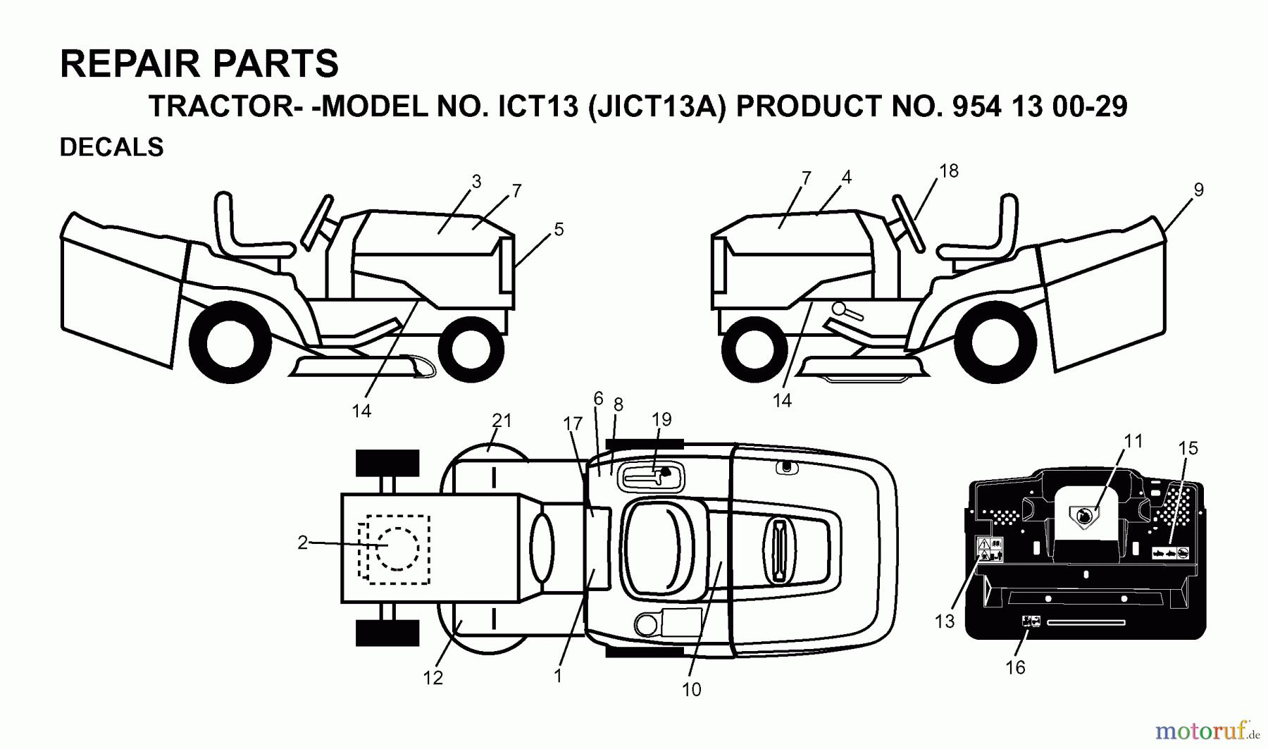  Jonsered Rasen  und Garten Traktoren ICT13 (JICT13A, 954130029) - Jonsered Lawn & Garden Tractor (1999-03) DECALS