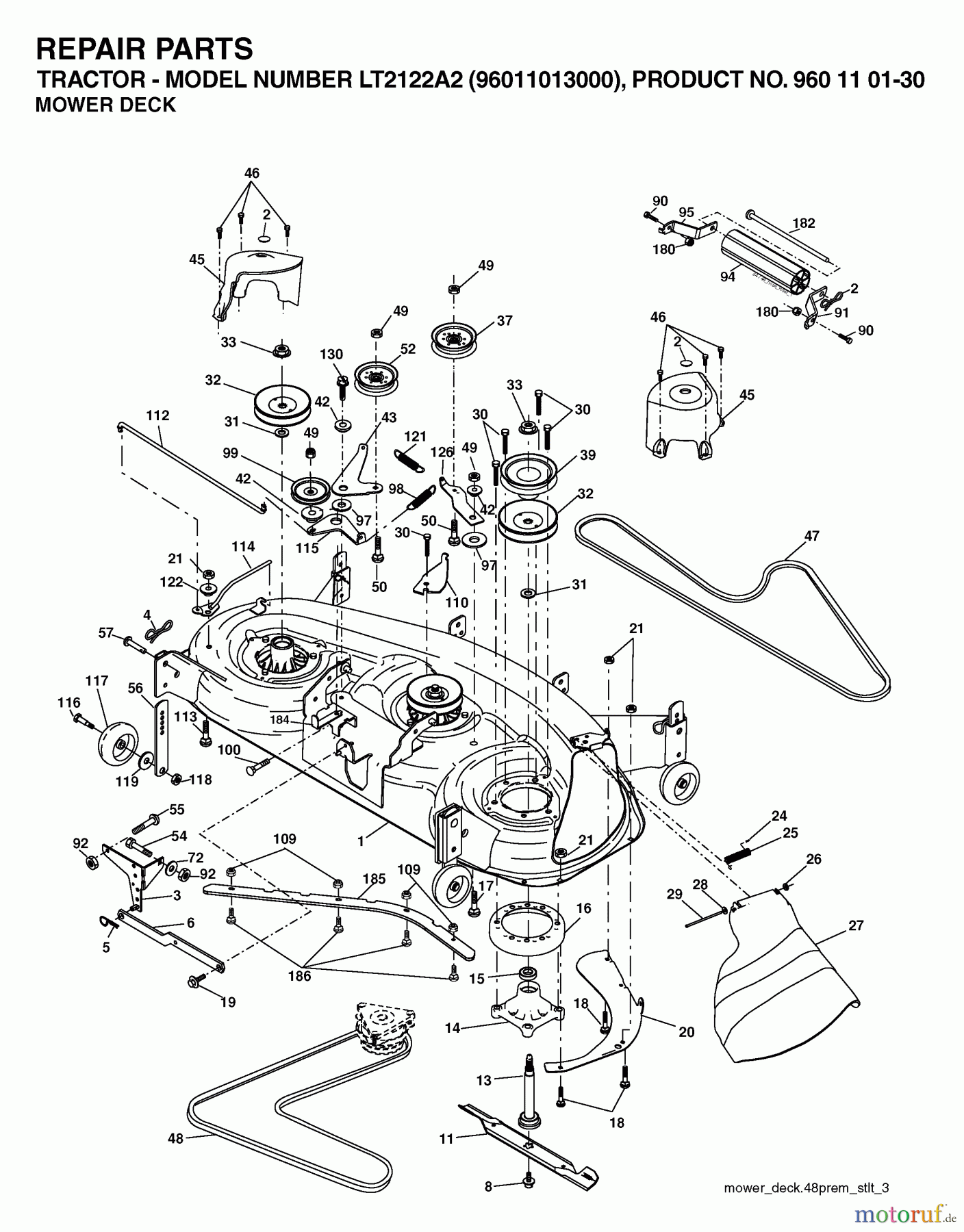 Jonsered Rasen und Garten Traktoren LT2122 A2 (96011013000) - Jonsered Lawn & Garden Tractor (2006-06) MOWER DECK / CUTTING DECK