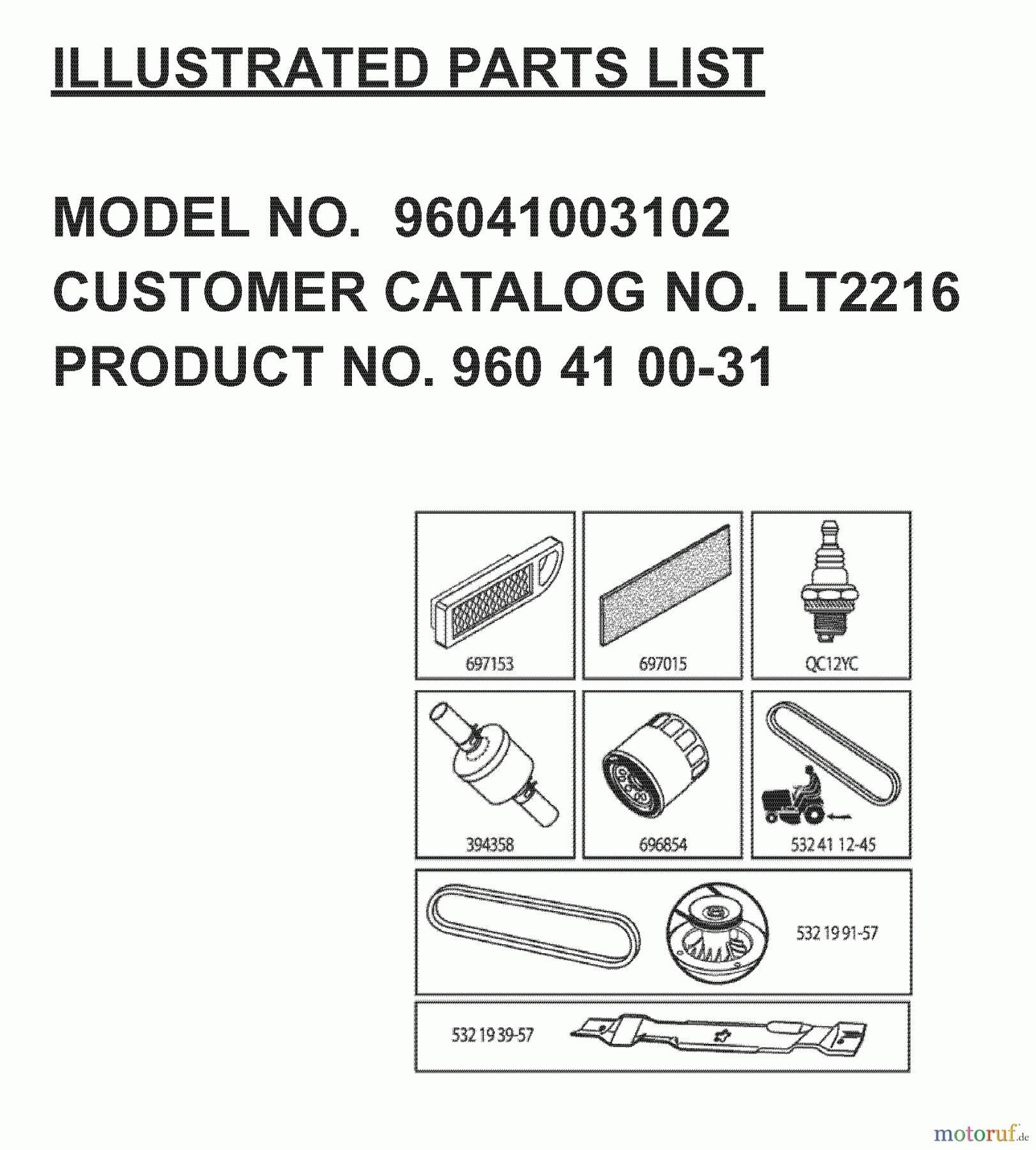 Jonsered Rasen und Garten Traktoren LT2216 (96041003102) - Jonsered Lawn & Garden Tractor (2007-02) FREQUENTLY USED PARTS