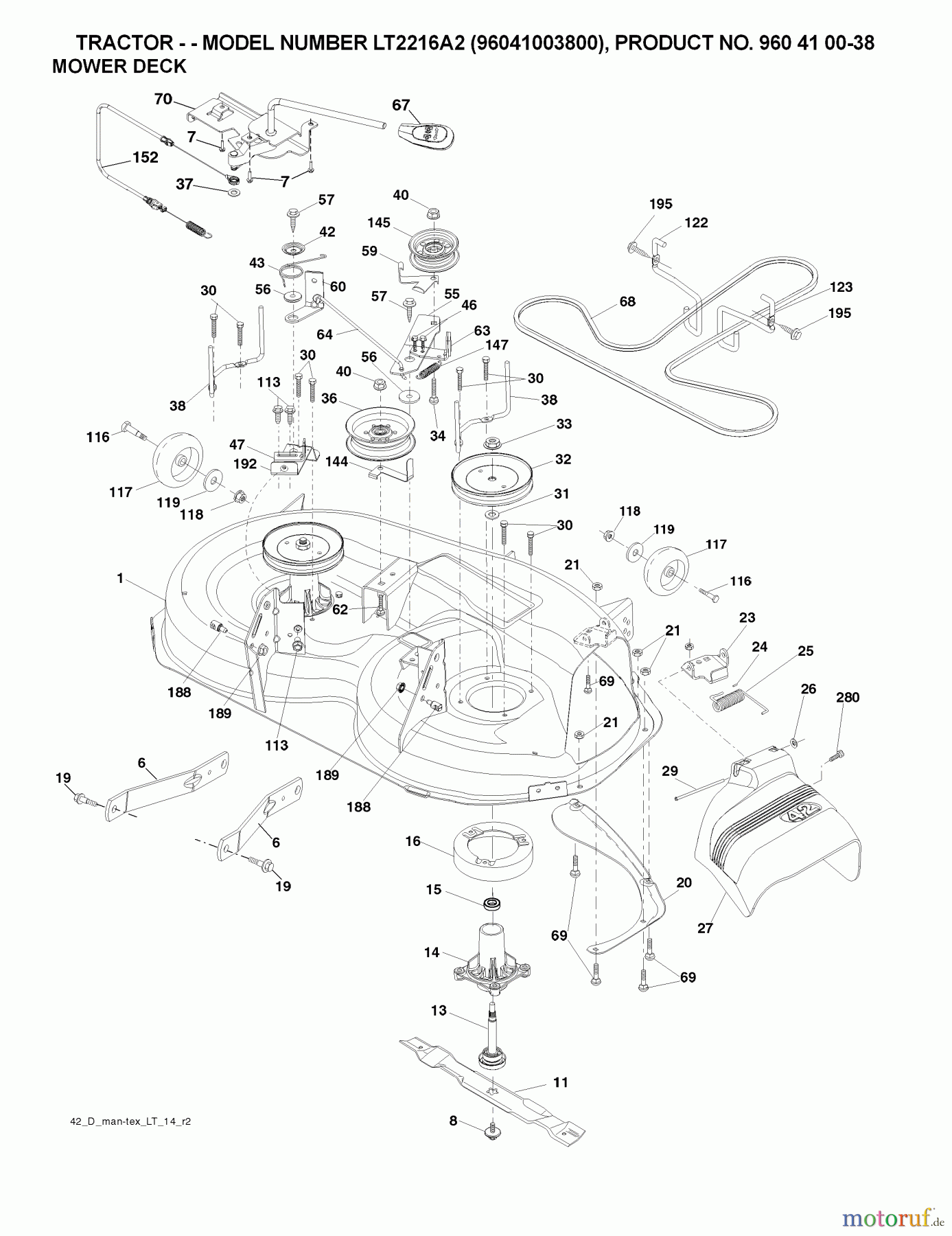 Jonsered Rasen und Garten Traktoren LT2216 A2 (96041003800) - Jonsered Lawn & Garden Tractor (2007-04) MOWER DECK / CUTTING DECK