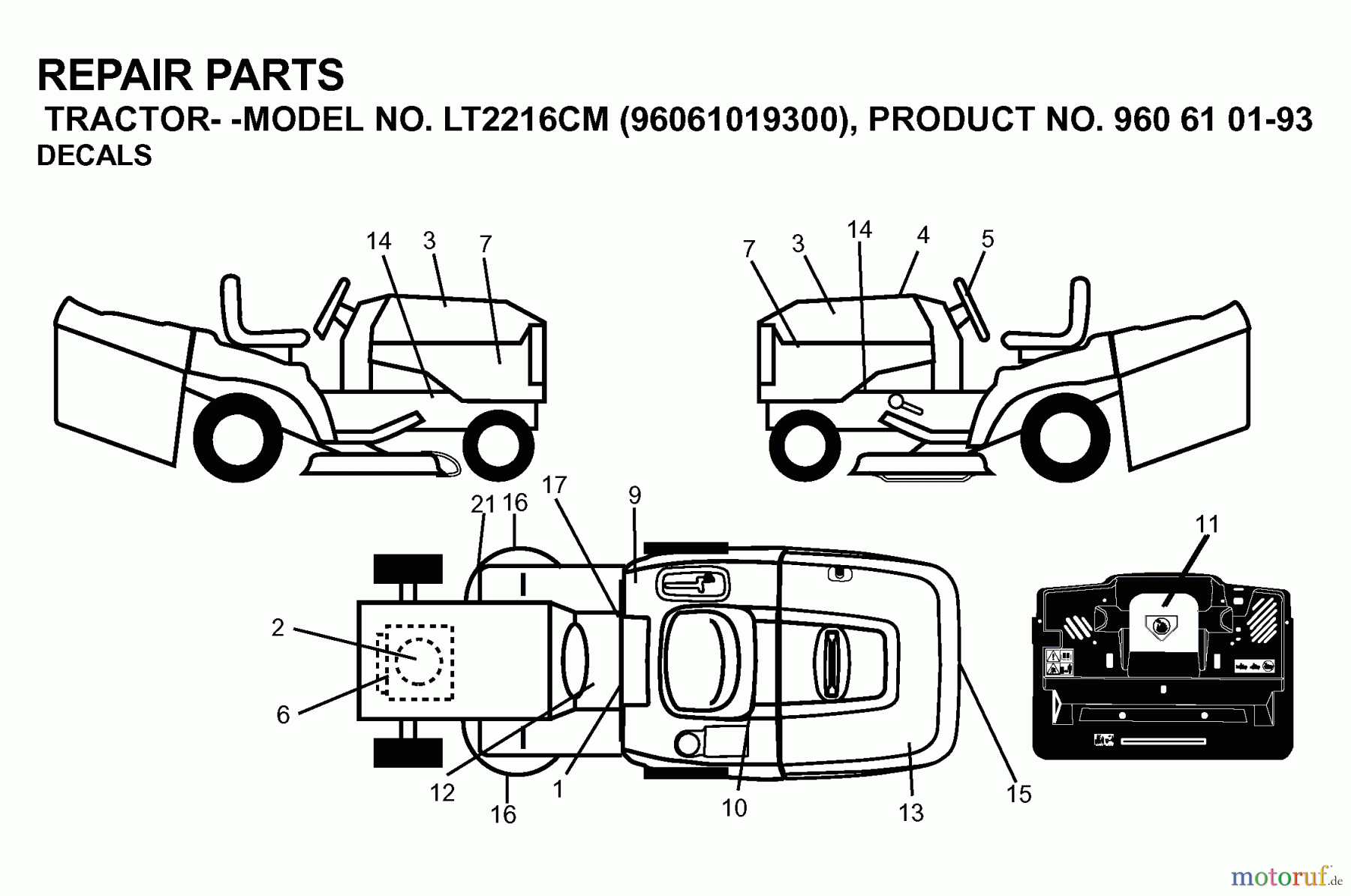 Jonsered Rasen und Garten Traktoren LT2216 CM (96061019300) - Jonsered Lawn & Garden Tractor (2007-02) DECALS