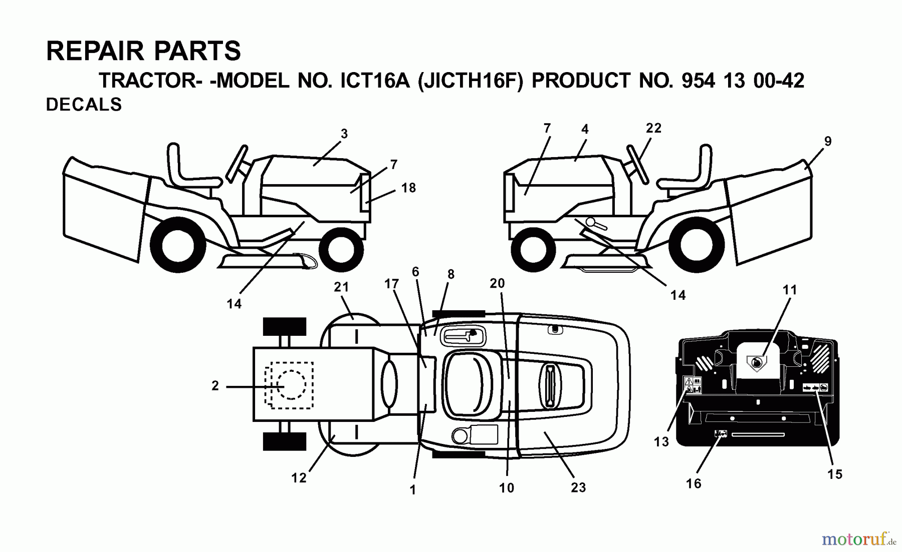 Jonsered Rasen und Garten Traktoren ICT16A (JICTH16F, 954130042) - Jonsered Lawn & Garden Tractor (2001-02) DECALS