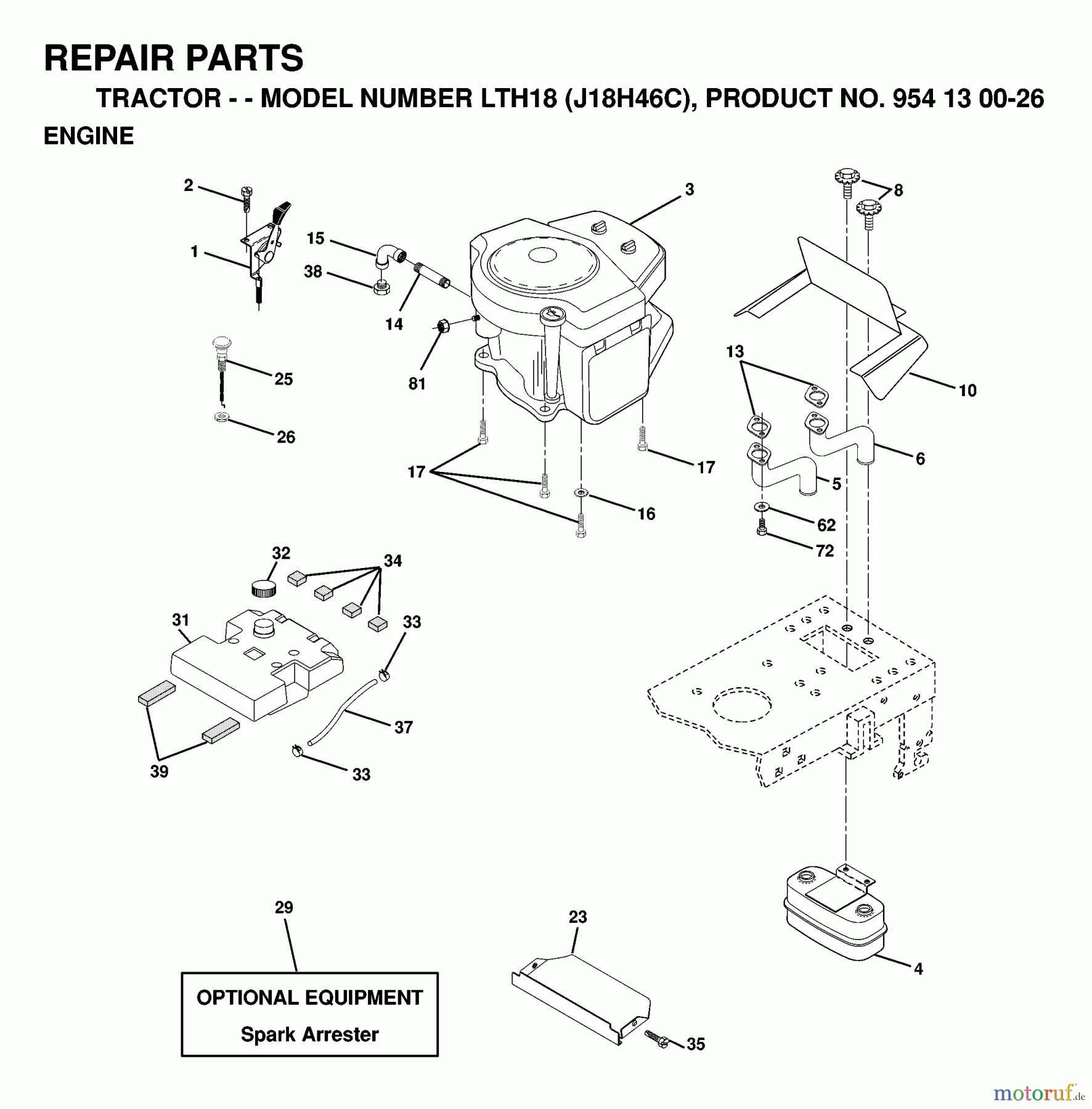 Jonsered Rasen und Garten Traktoren LTH18 (J18H46C, 954130026) - Jonsered Lawn & Garden Tractor (1998-12) ENGINE CUTTING EQUIPMENT