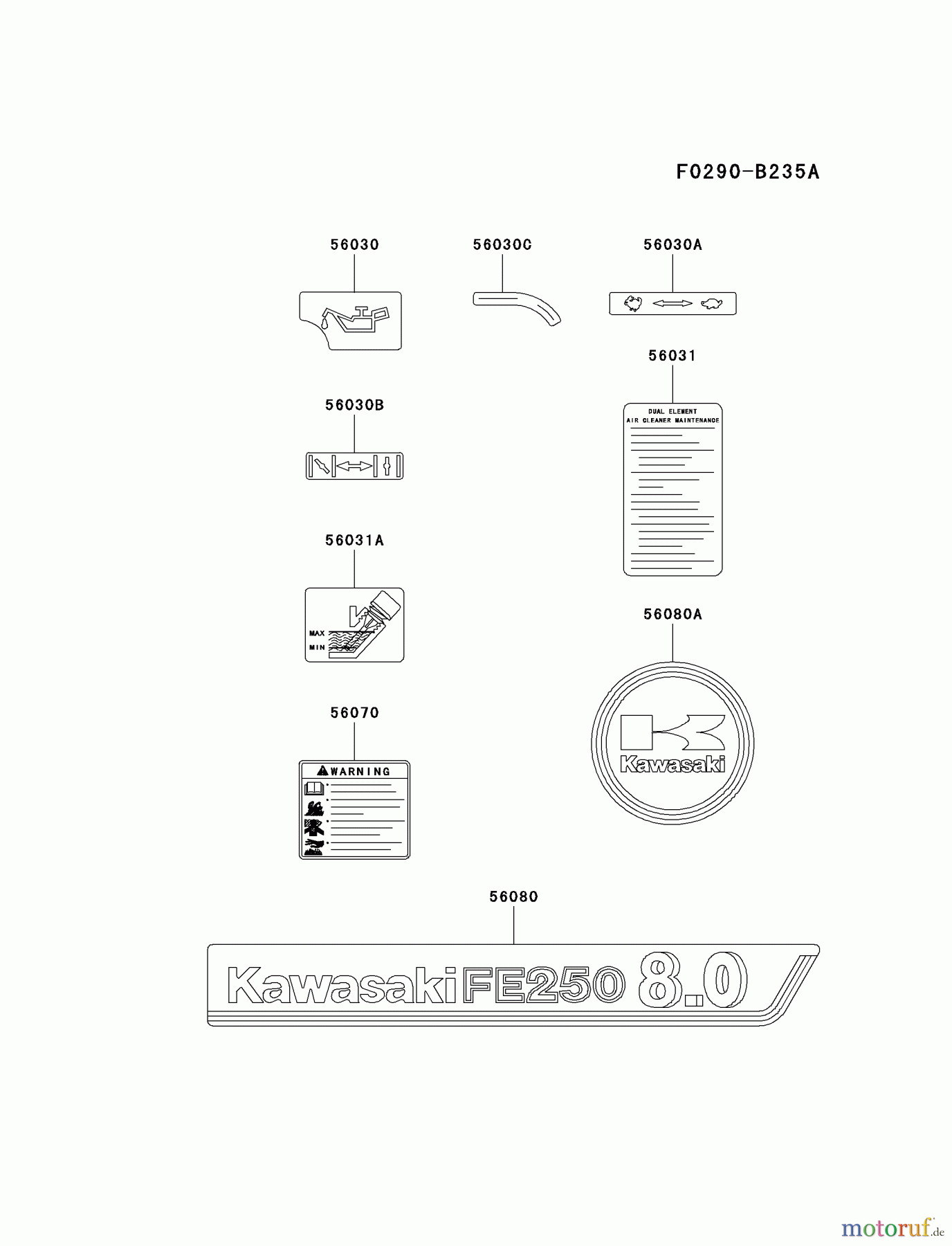  Kawasaki Motoren Motoren, Horizontal FE250D-AS08 - Kawasaki FE250D 4-Stroke Engine LABEL