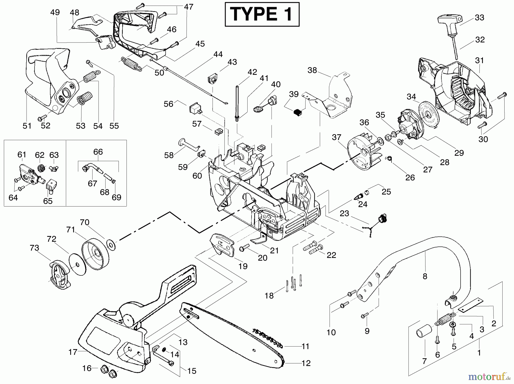 Poulan / Weed Eater Motorsägen 2550LE (Type 1) - Poulan Woodmaster Chainsaw Handle, Chassis & Bar Assembly Type 1