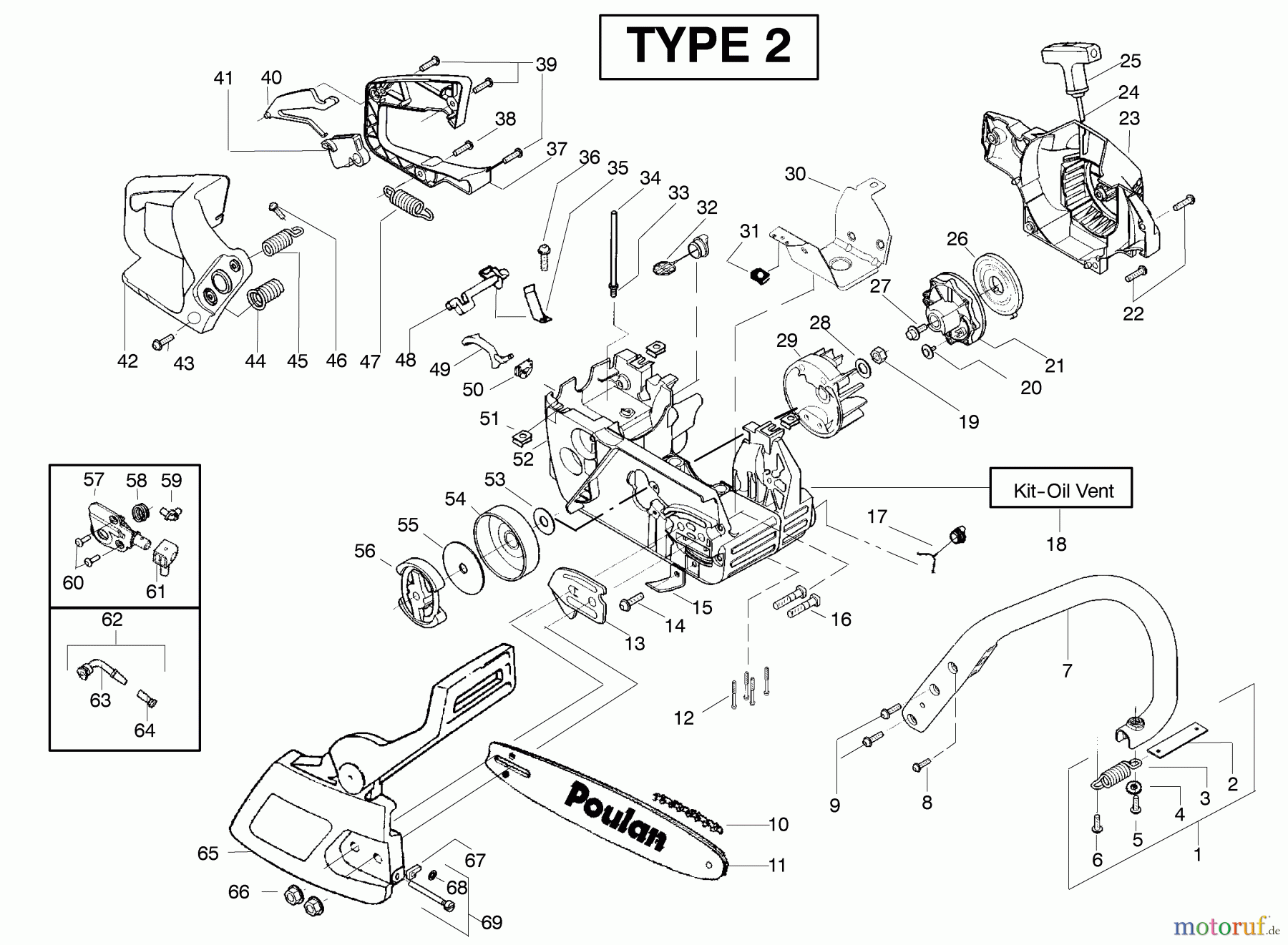Poulan / Weed Eater Motorsägen 2550LE (Type 2) - Poulan Woodmaster Chainsaw Handle, Chassis & Bar Assembly Type 2