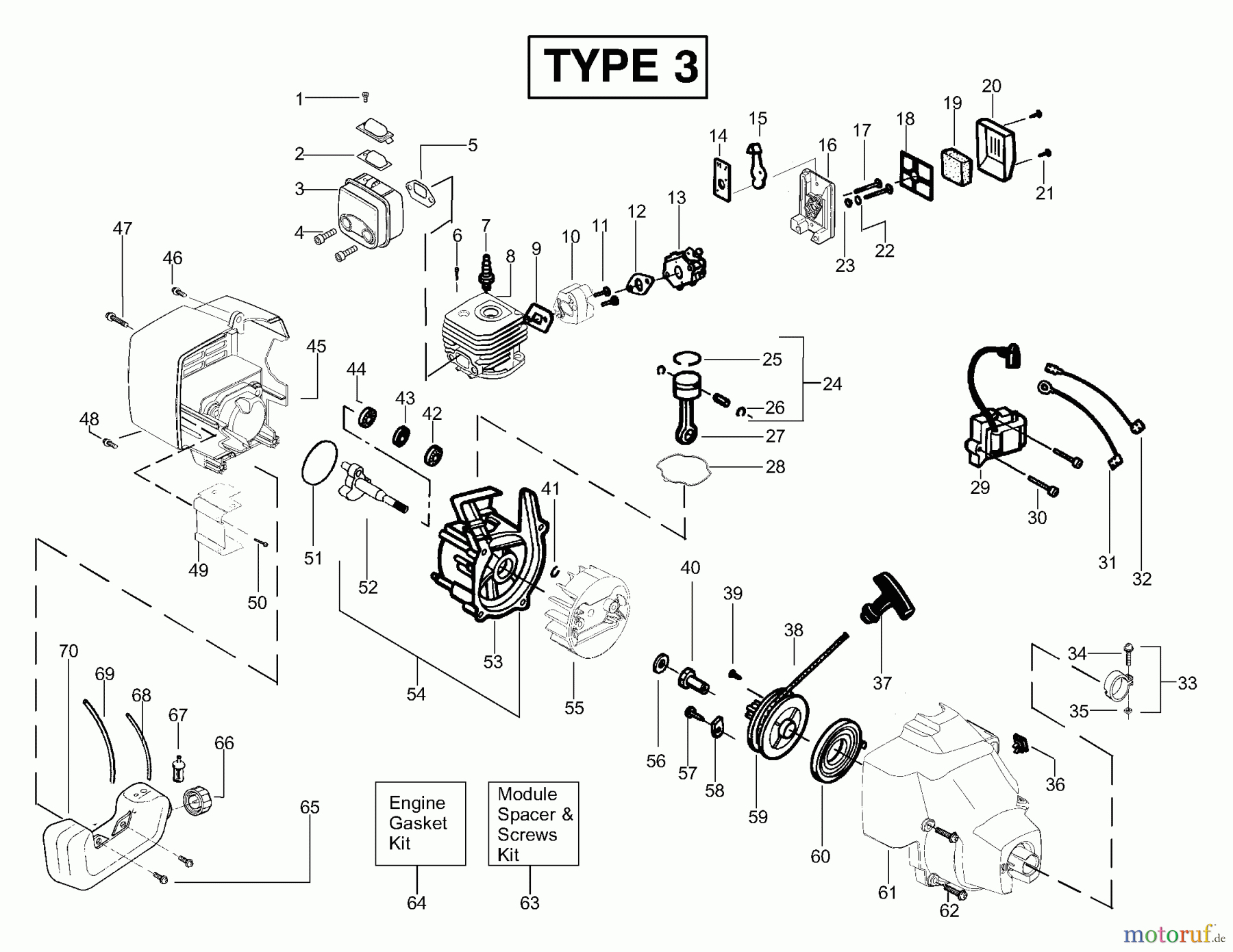  Poulan / Weed Eater Motorsensen, Trimmer SST (Type 3) - Weed Eater Featherlite LE String Trimmer Engine Assembly Type 3