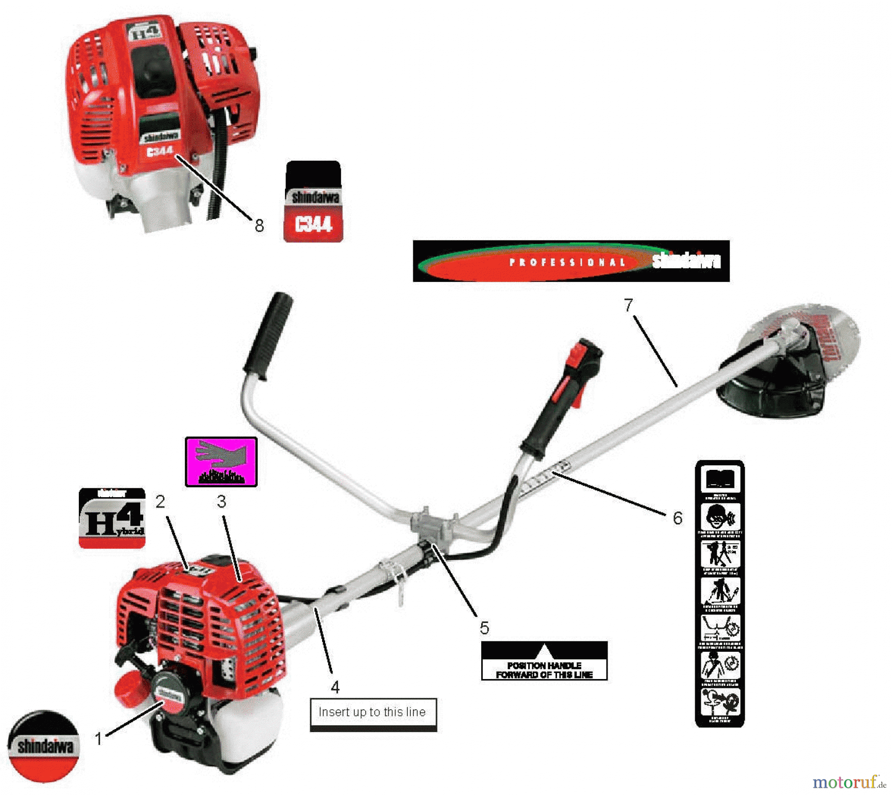 Shindaiwa Trimmer, Faden / Bürste C344 - Shindaiwa String Trimmer / Brush Cutter, S/N: T15213001001 - T1521399 Labels