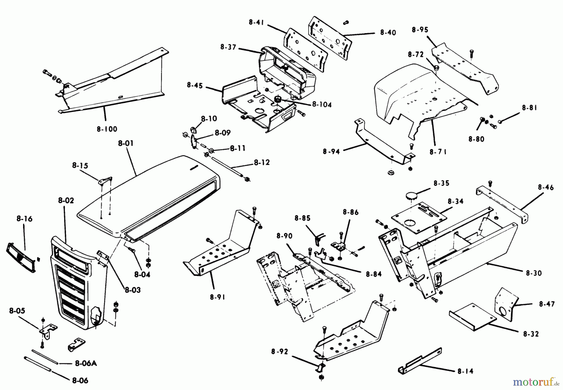  Toro Neu Mowers, Lawn & Garden Tractor Seite 1 1-0391 (C-100) - Toro C-100 8-Speed Tractor, 1975 8.000 SHEET METAL AND COVERS