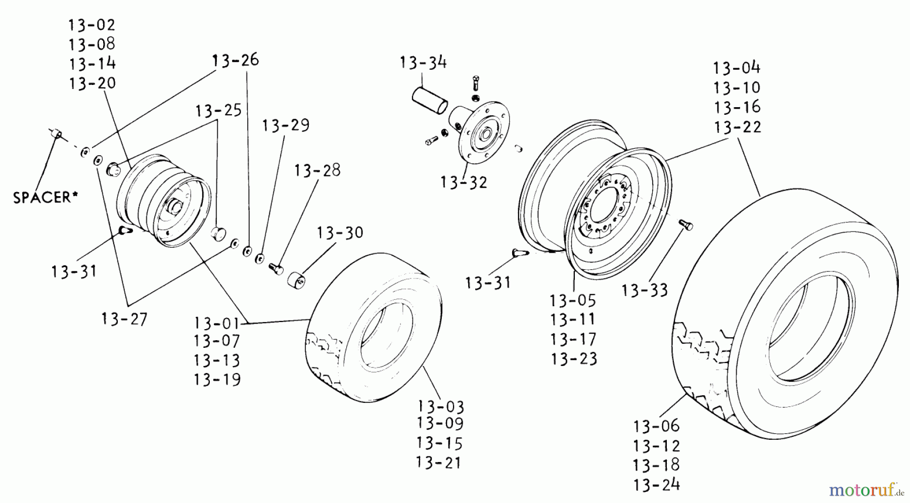  Toro Neu Mowers, Lawn & Garden Tractor Seite 1 1-0630 (D-200) - Toro D-200 Automatic Tractor, 1974 WHEELS AND TIRES (PLATE 13.1) REGULAR WIDTH TIRE SET