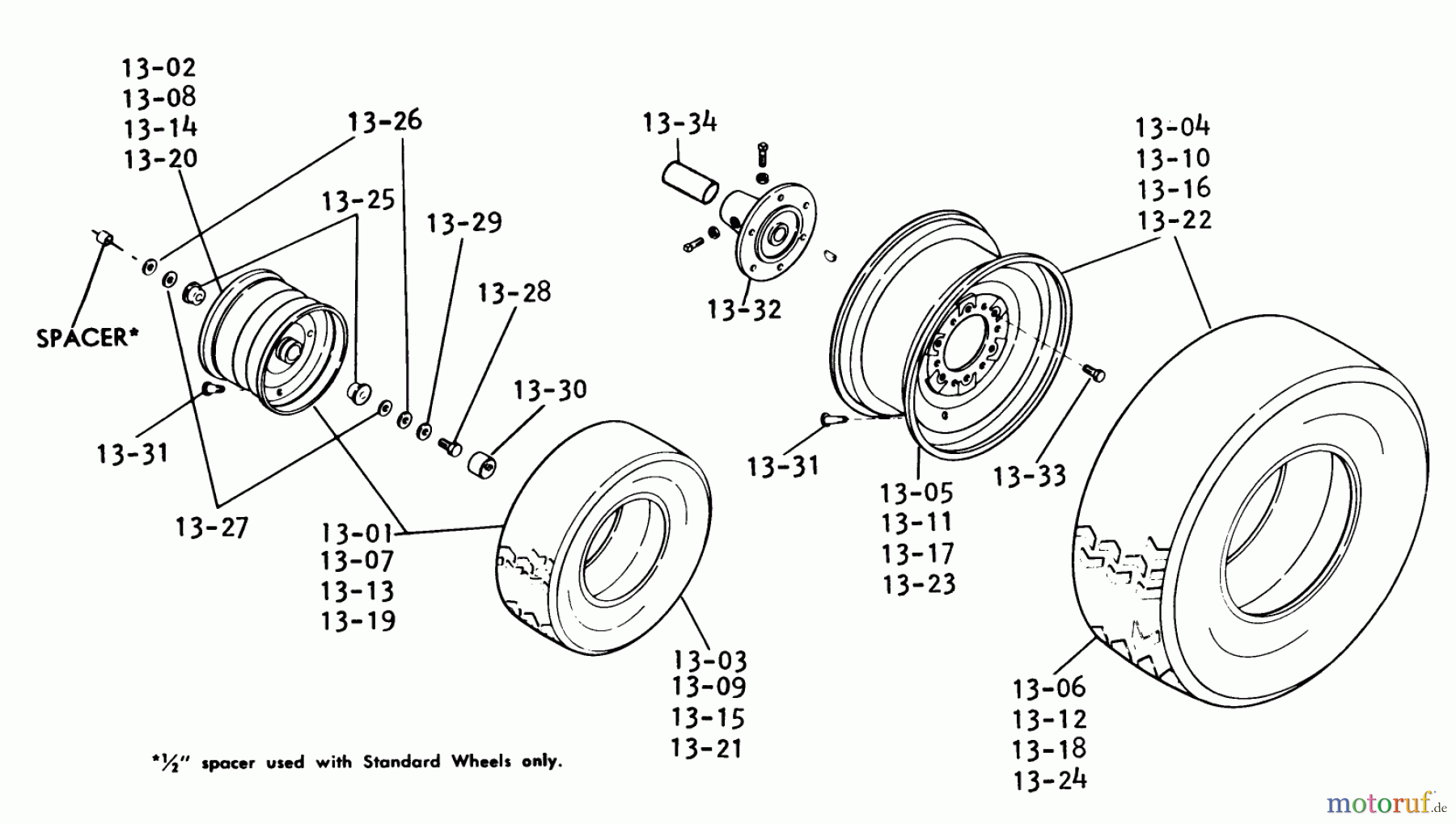  Toro Neu Mowers, Lawn & Garden Tractor Seite 1 1-0651 (D-160) - Toro D-160 Automatic Tractor, 1975 13.000 WHEELS AND TIRES (FIG. 13)