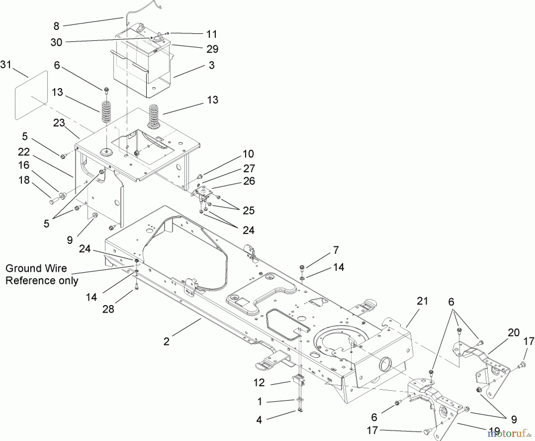  Toro Neu Mowers, Lawn & Garden Tractor Seite 1 13AP60RP744 (LX500) - Toro LX500 Lawn Tractor, 2006 (1A096B50000-) FRAME AND BATTERY ASSEMBLY