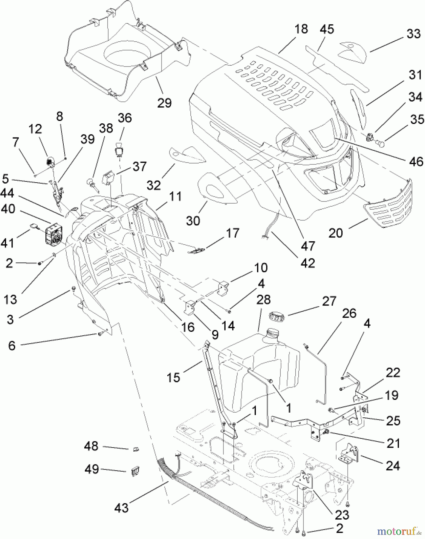  Toro Neu Mowers, Lawn & Garden Tractor Seite 1 13AP60RP744 (LX500) - Toro LX500 Lawn Tractor, 2006 (1A096B50000-) FUEL TANK AND HOOD ASSEMBLY