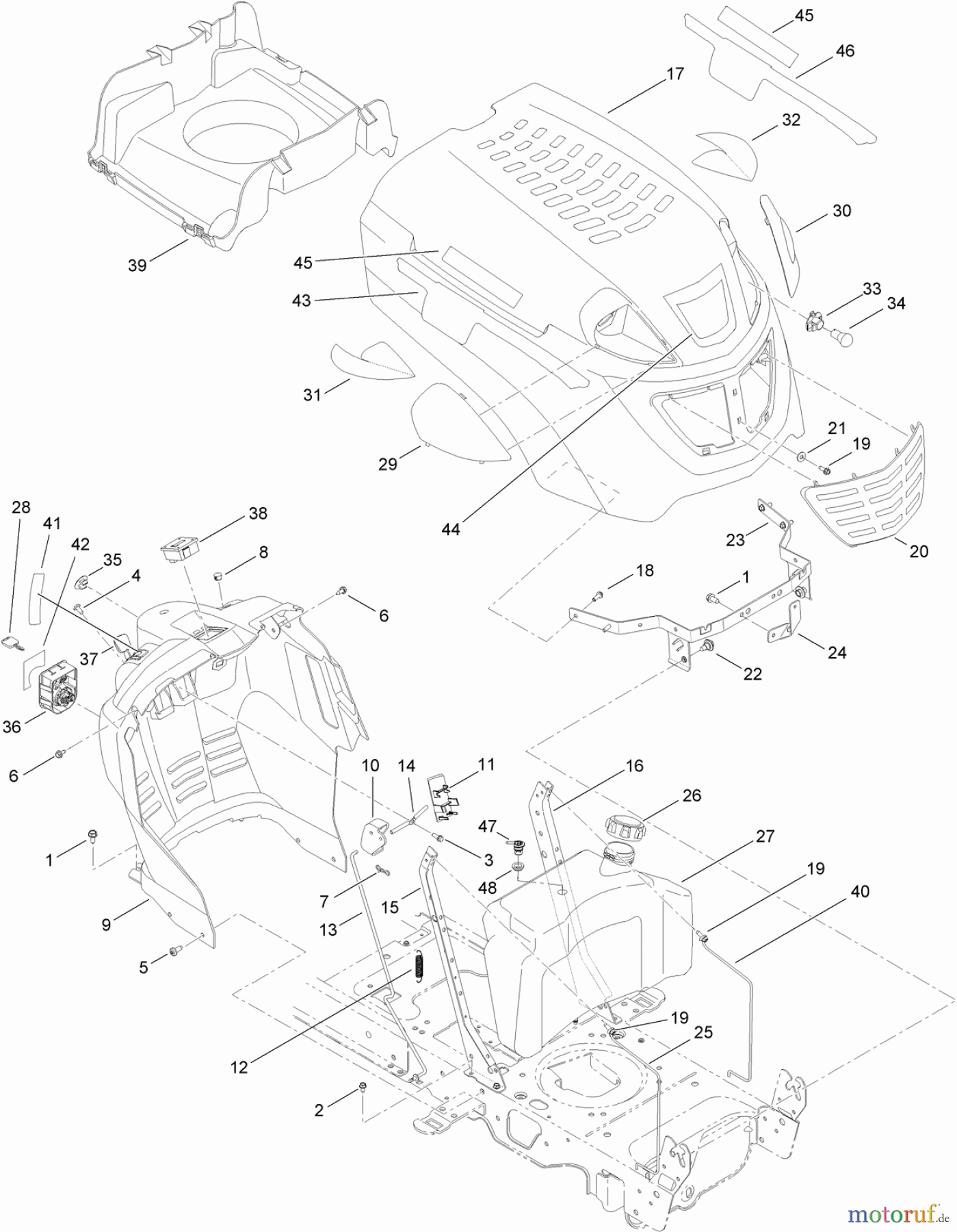 Toro Neu Mowers, Lawn & Garden Tractor Seite 1 13AX90RS848 (LX423) - Toro LX423 Lawn Tractor, 2012 (SN 1-1) FUEL TANK, HOOD AND DASH ASSEMBLY