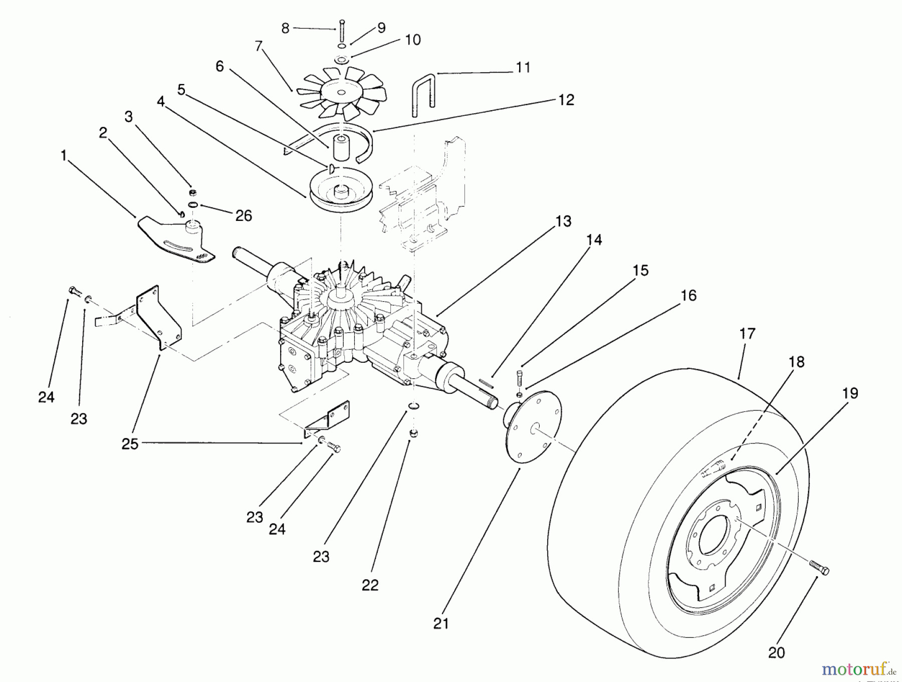  Toro Neu Mowers, Lawn & Garden Tractor Seite 1 22-14OE01 (244-H) - Toro 244-H Yard Tractor, 1991 (1000001-1999999) REAR WHEEL AND TRANSMISSION ASSEMBLY