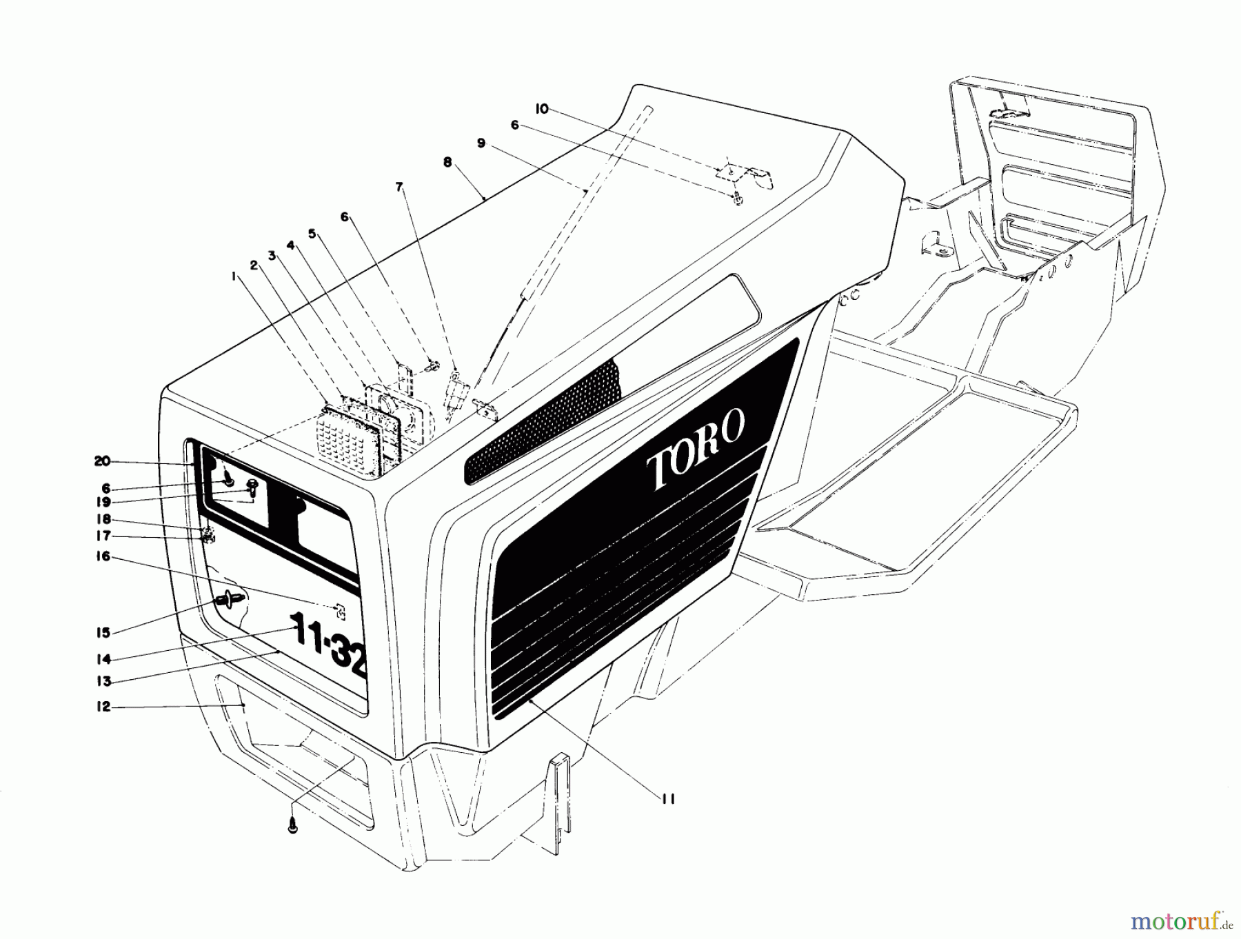  Toro Neu Mowers, Lawn & Garden Tractor Seite 1 57360 (11-32) - Toro 11-32 Lawn Tractor, 1978 (8000001-8999999) HOOD ASSEMBLY MODEL 57360