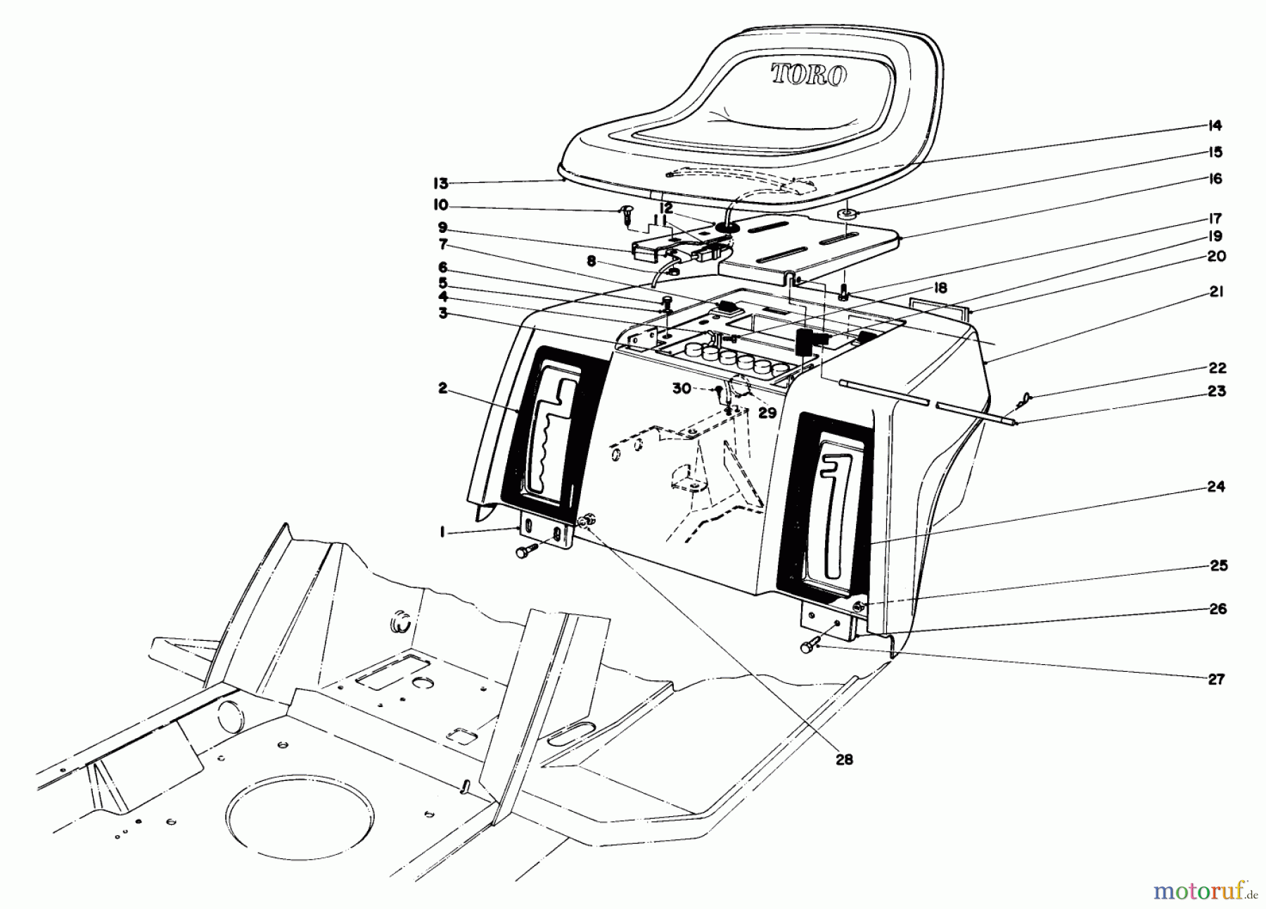 Toro Neu Mowers, Lawn & Garden Tractor Seite 1 57357 (11-44) - Toro 11-44 Lawn Tractor, 1982 (2000001-2999999) REAR BODY & SEAT ASSEMBLY