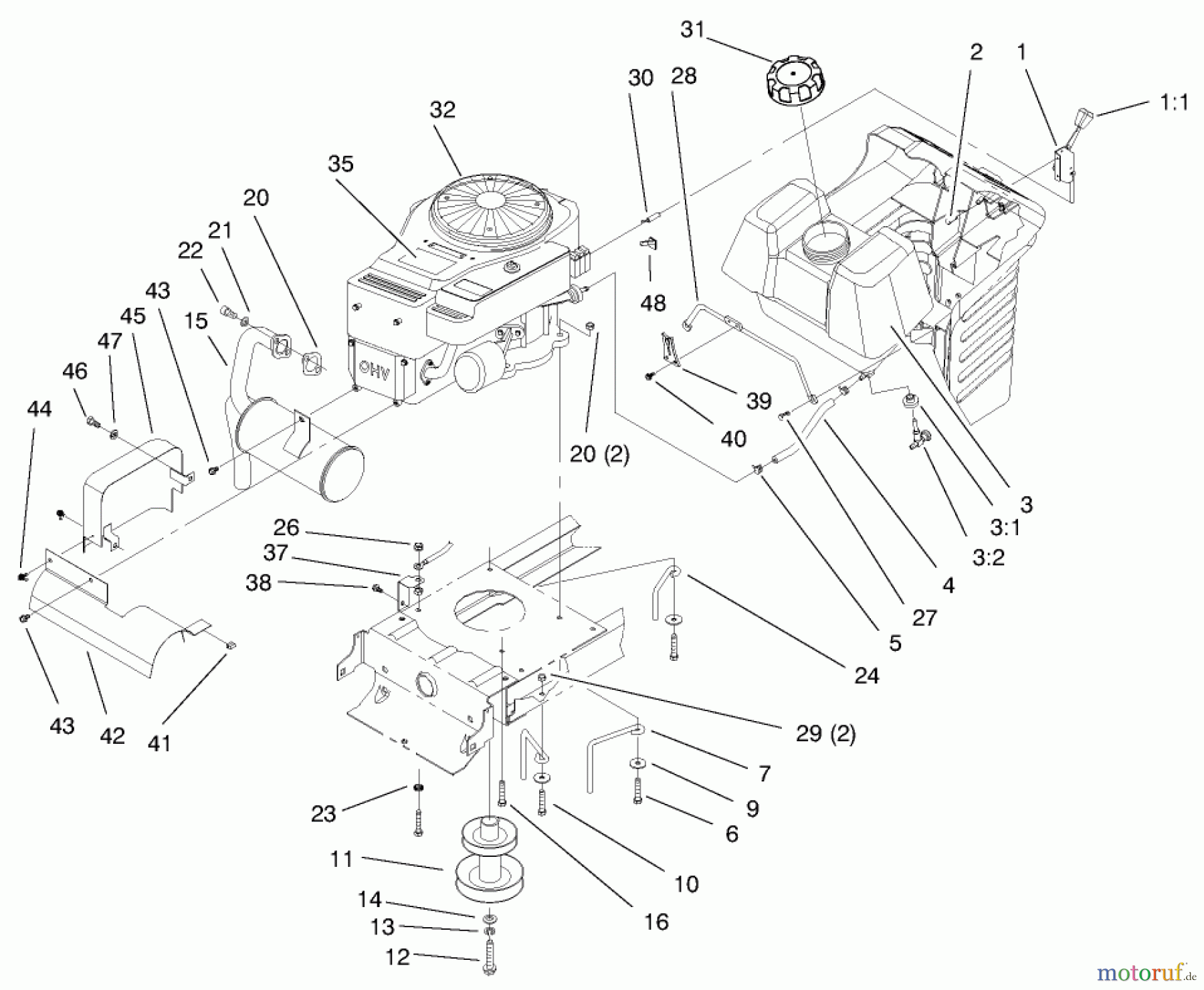  Toro Neu Mowers, Lawn & Garden Tractor Seite 1 71193 (14-38HXL) - Toro 14-38HXL Lawn Tractor, 1997 (7900001-7999999) ENGINE & GAS TANK ASSEMBLY