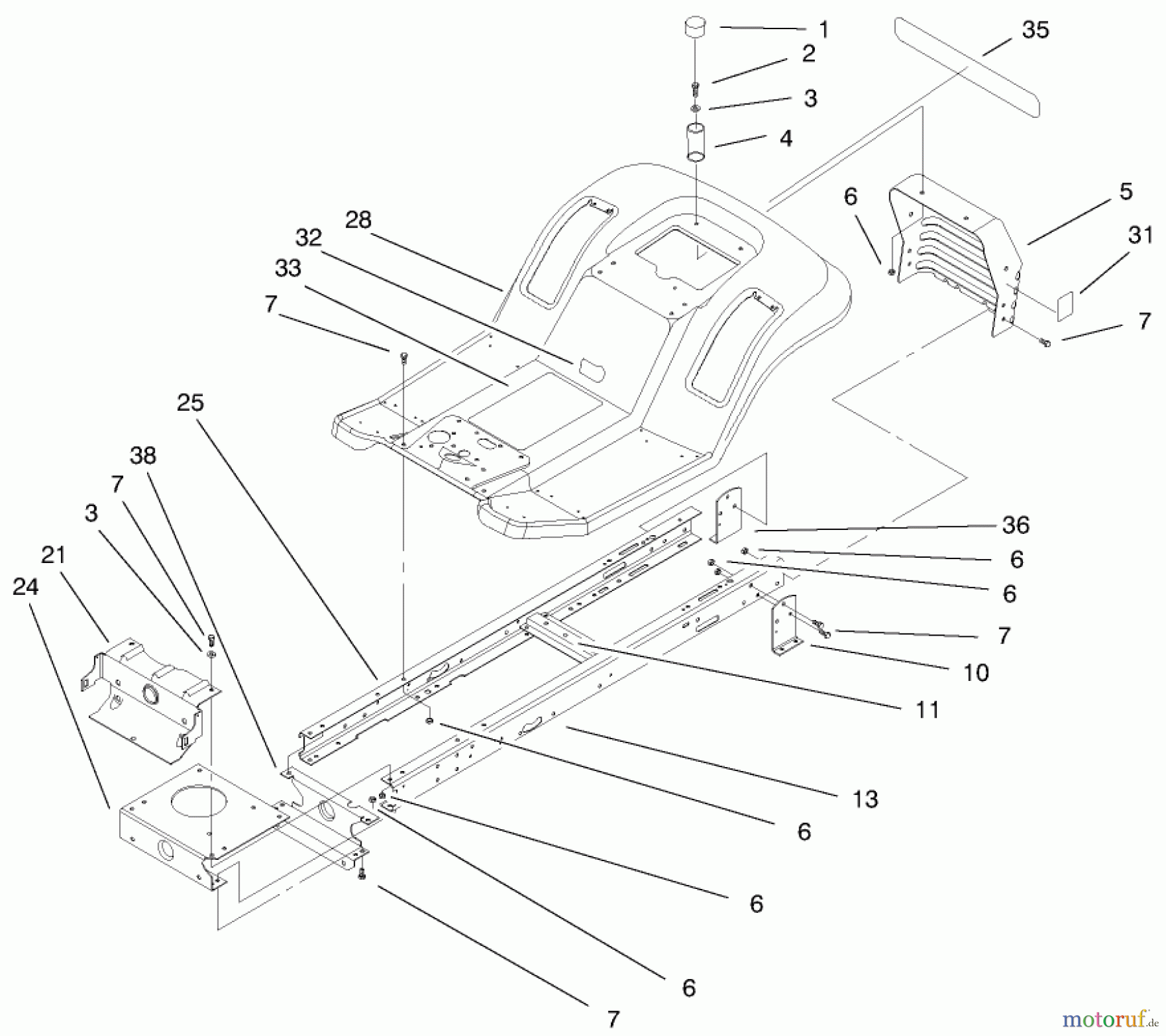 Toro Neu Mowers, Lawn & Garden Tractor Seite 1 71280 (17-44HXLE) - Toro 17-44HXLE Lawn Tractor, 1999 (9900001-9999999) FRAME & BODY ASSEMBLY