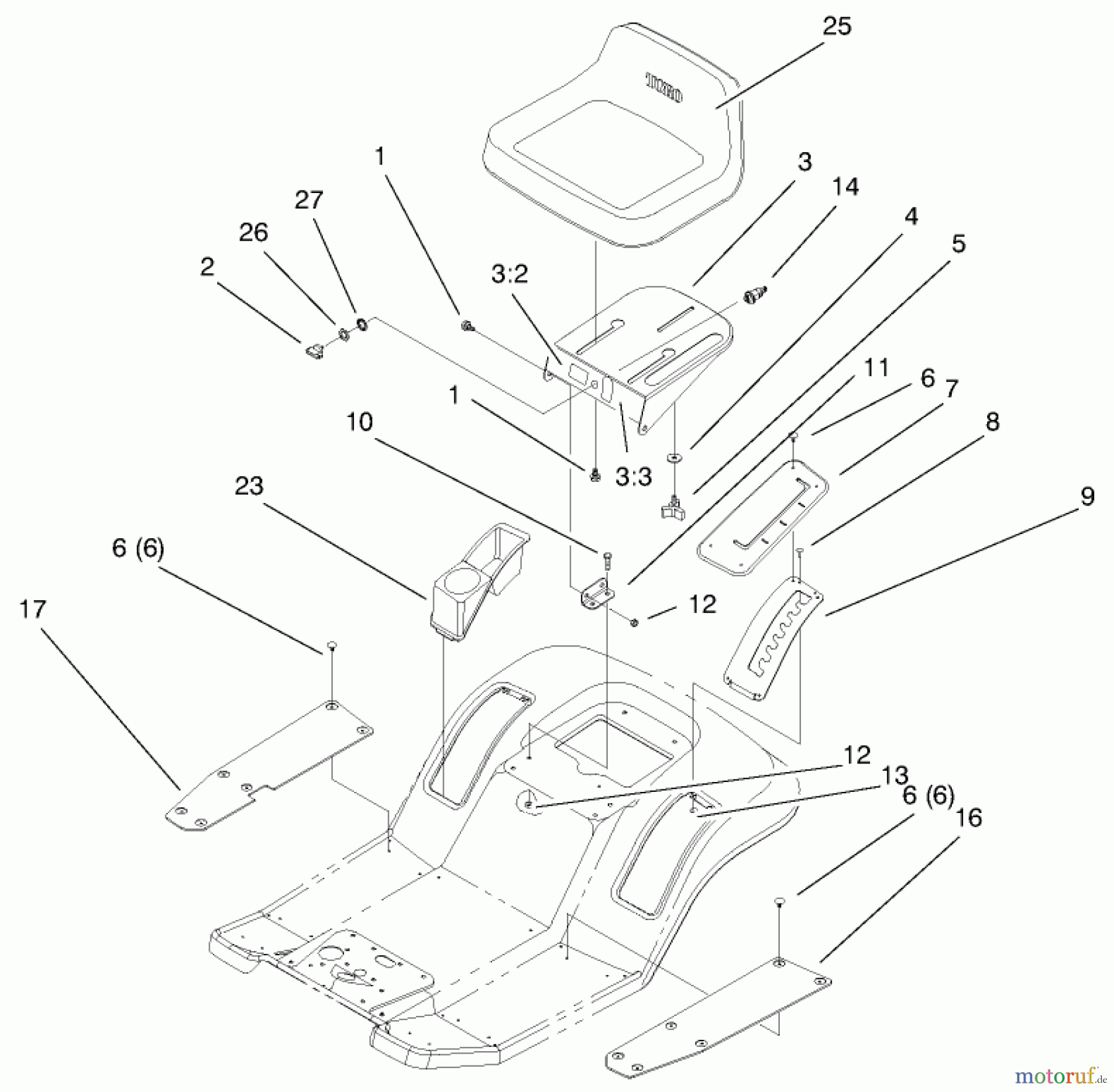  Toro Neu Mowers, Lawn & Garden Tractor Seite 1 71197 (17-44HXL) - Toro 17-44HXL Lawn Tractor, 1999 (9900001-9999999) REAR BODY & SEAT ASSEMBLY