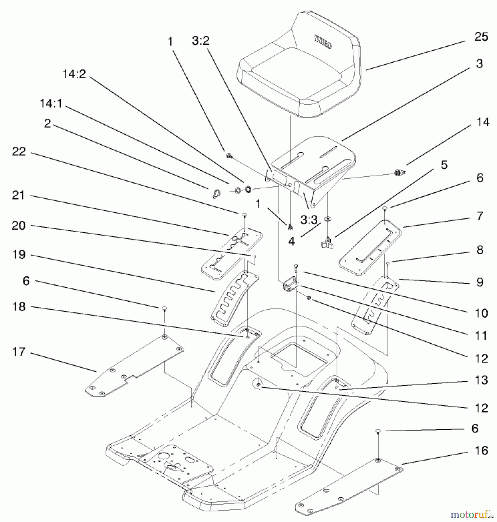 Toro Neu Mowers, Lawn & Garden Tractor Seite 1 71199 (12-32XL) - Toro 12-32XL Lawn Tractor, 1999 (9900001-9999999) REAR BODY & SEAT ASSEMBLY