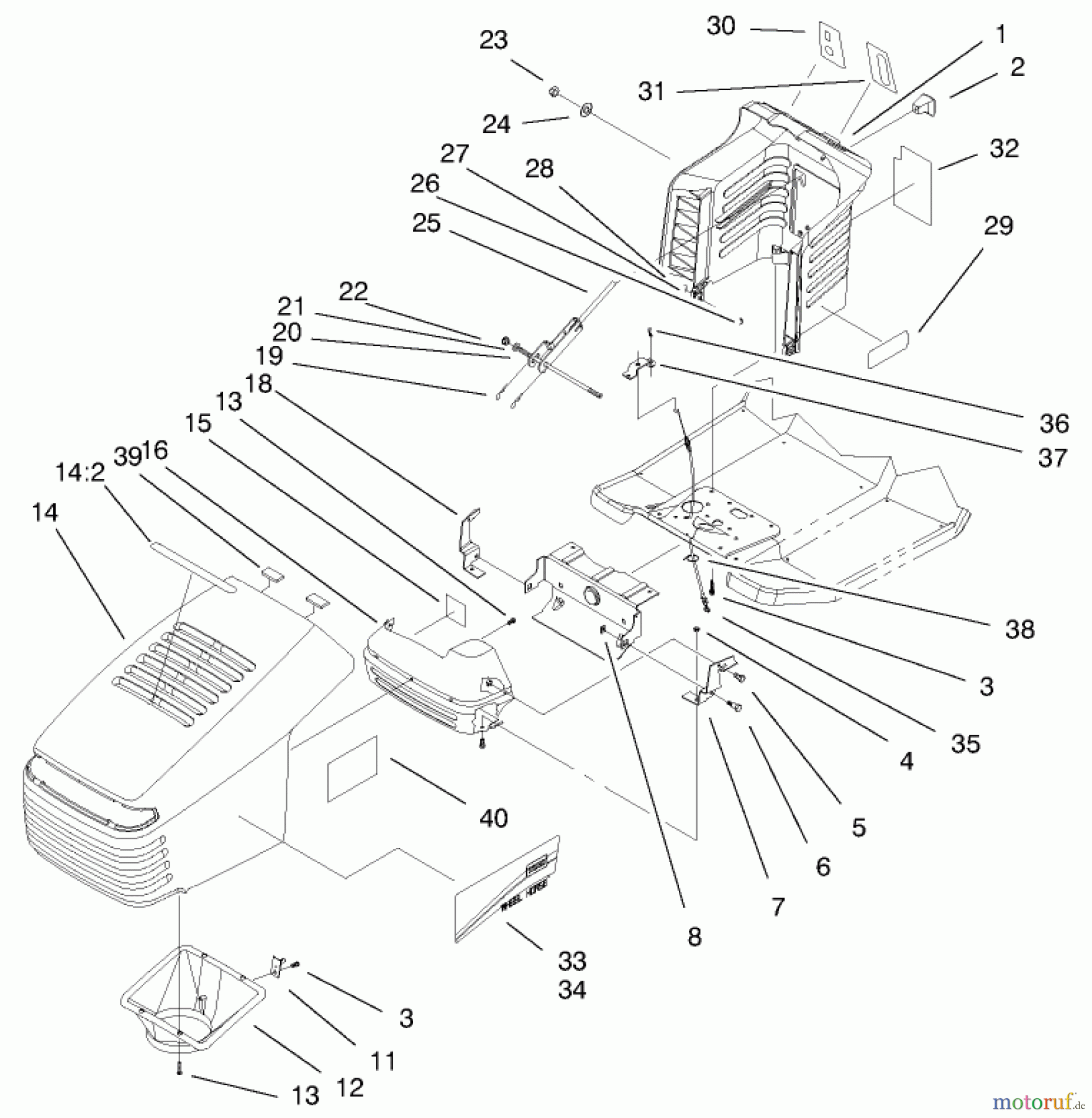  Toro Neu Mowers, Lawn & Garden Tractor Seite 1 71225 (16-38HXL) - Toro 16-38HXL Lawn Tractor, 2000 (200000001-200999999) HOOD & TOWER ASSEMBLY