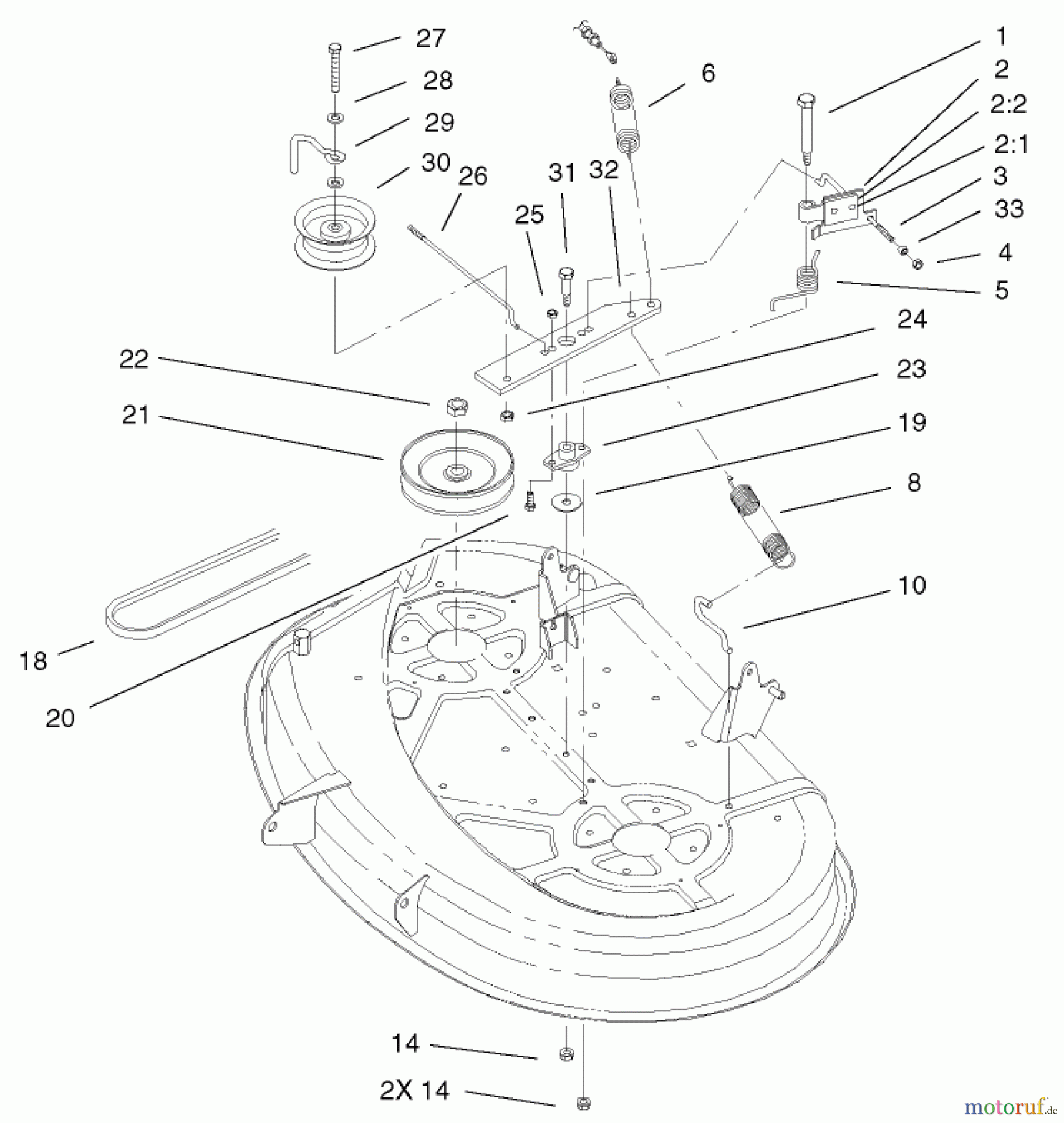 Toro Neu Mowers, Lawn & Garden Tractor Seite 1 71242 (16-38HXLE) - Toro 16-38HXLE Lawn Tractor, 2002 (220010001-220999999) DECK BLADE DRIVE & BRAKING ASSEMBLY