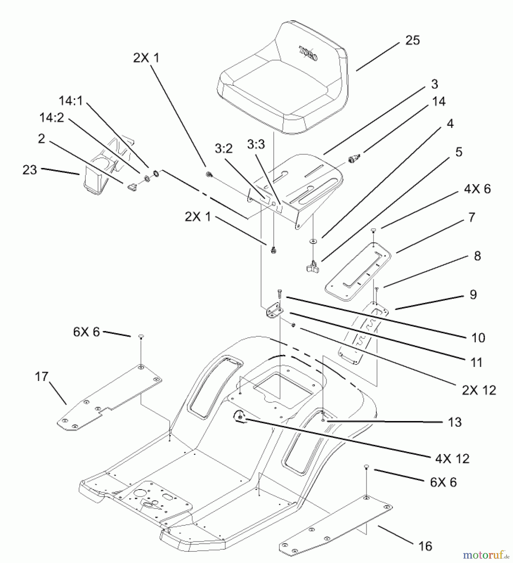 Toro Neu Mowers, Lawn & Garden Tractor Seite 1 71245 (14-38HXLE) - Toro 14-38HXLE Lawn Tractor, 2003 (230000001-230999999) REAR BODY AND SEAT ASSEMBLY