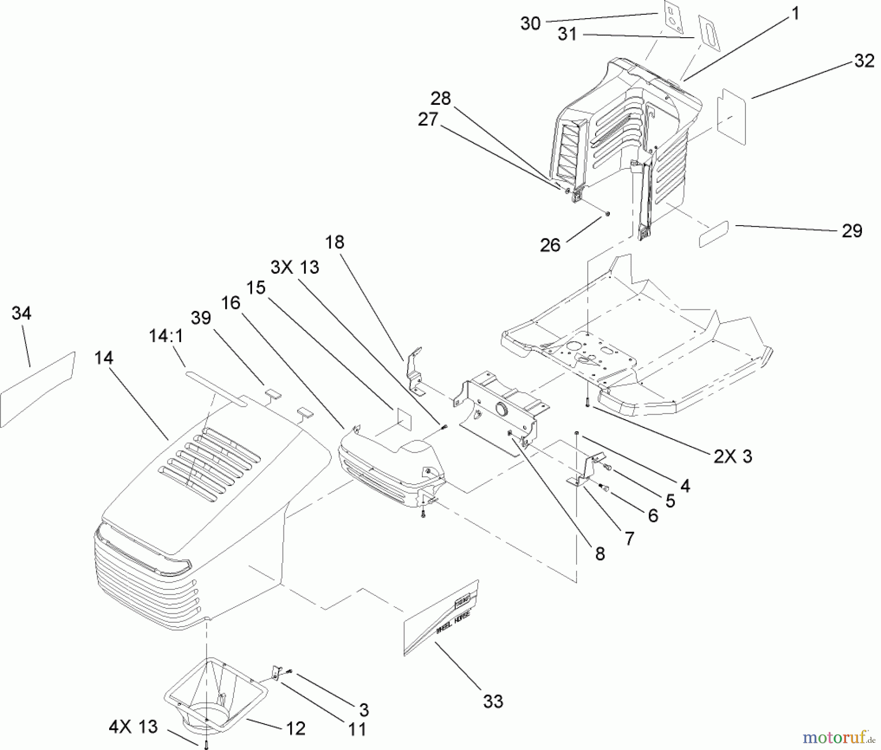  Toro Neu Mowers, Lawn & Garden Tractor Seite 1 71246 (XL 380H) - Toro XL 380H Lawn Tractor, 2005 (250000001-250999999) HOOD AND TOWER ASSEMBLY