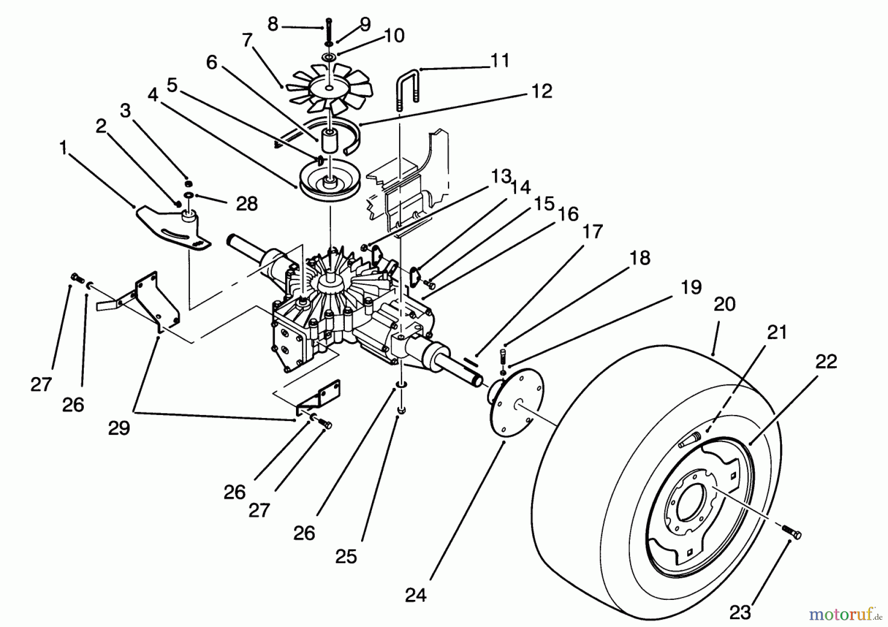  Toro Neu Mowers, Lawn & Garden Tractor Seite 1 72041 (244-H) - Toro 244-H Yard Tractor, 1993 (3900001-3999999) REAR WHEEL AND TRANSMISSION ASSEMBLY