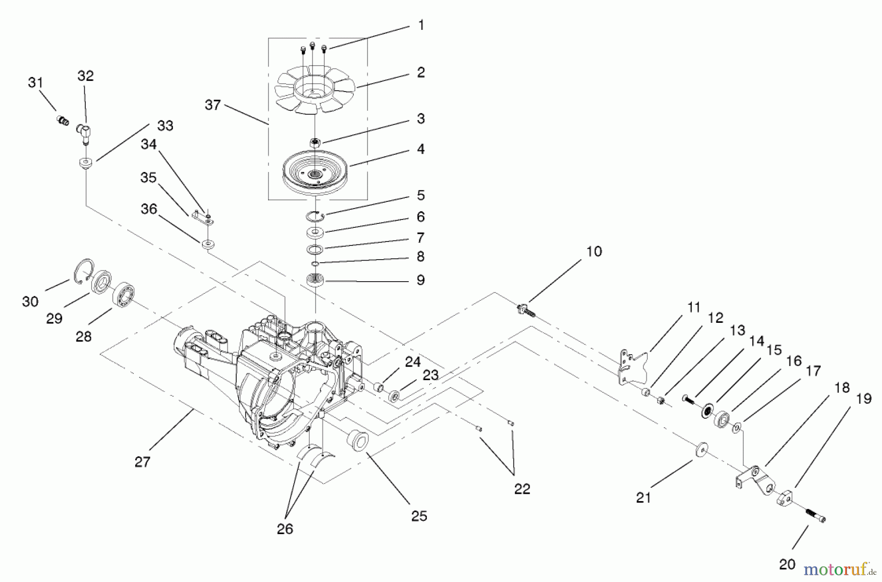  Toro Neu Mowers, Lawn & Garden Tractor Seite 1 72051 (265-H) - Toro 265-H Lawn and Garden Tractor, 2001 (210000001-210999999) HYDROSTATIC TRANSMISSION NO. 104-2465 HOUSING AND FAN ASSEMBLY